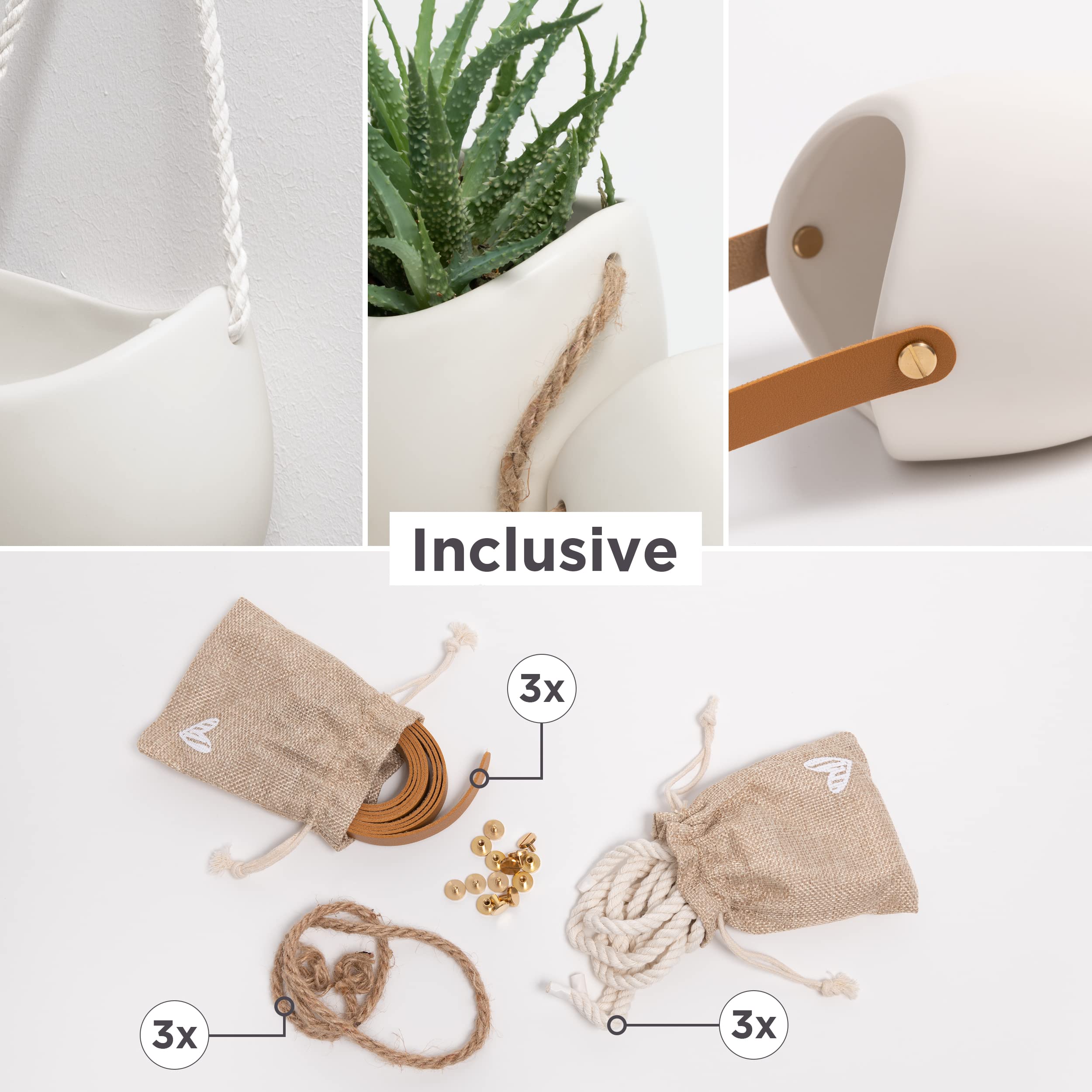 Kazai. Wall Planters -Ellie- | Hanging Ceramic Plant Pots, 3 Pieces, for Succulents and more | Wall Decoration for Indoors, Balcony and Garden | Cream