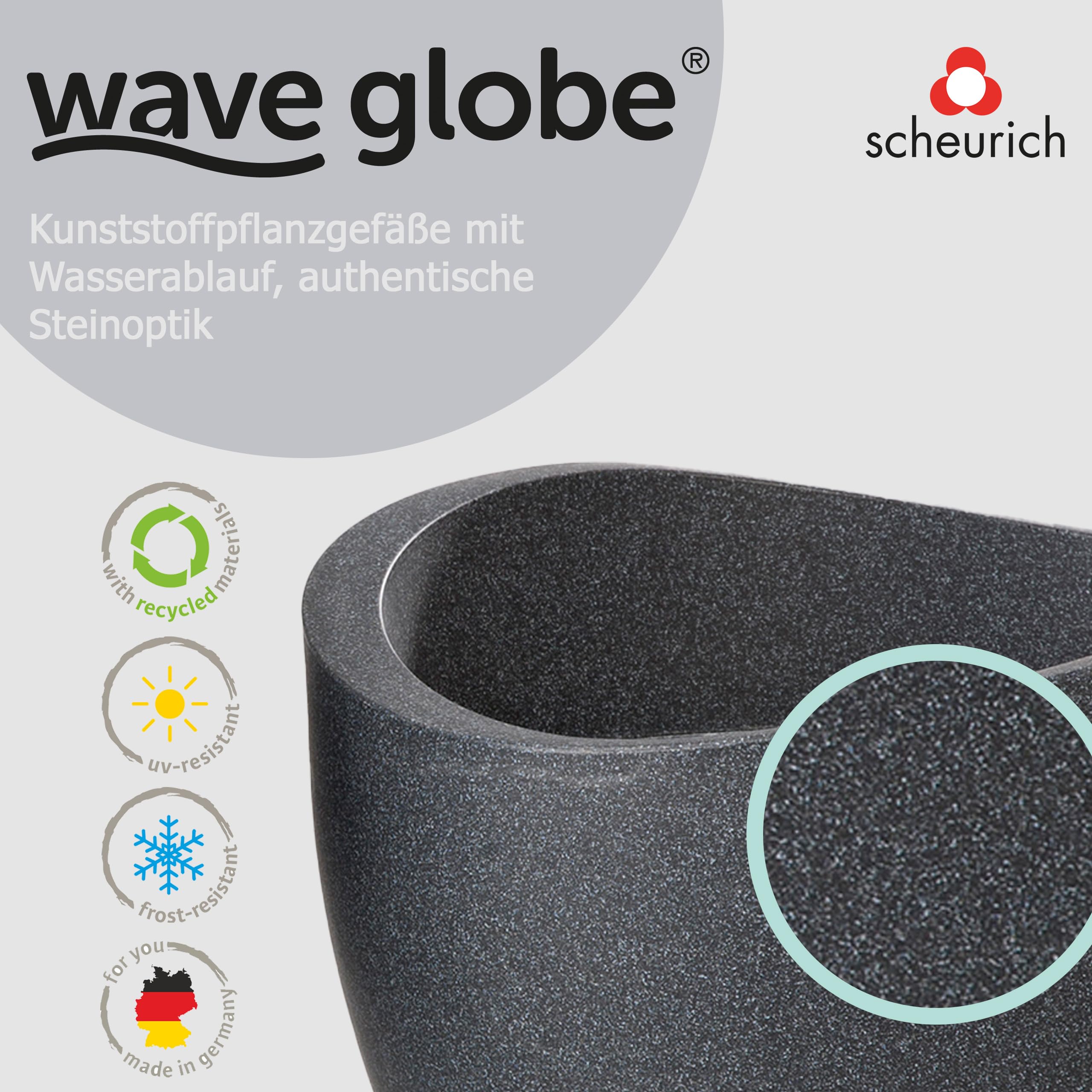 Scheurich Wave Globe, Planter made of Plastic, Black-Granite, 40 cm diameter, 30 cm height, 19 l Vol.