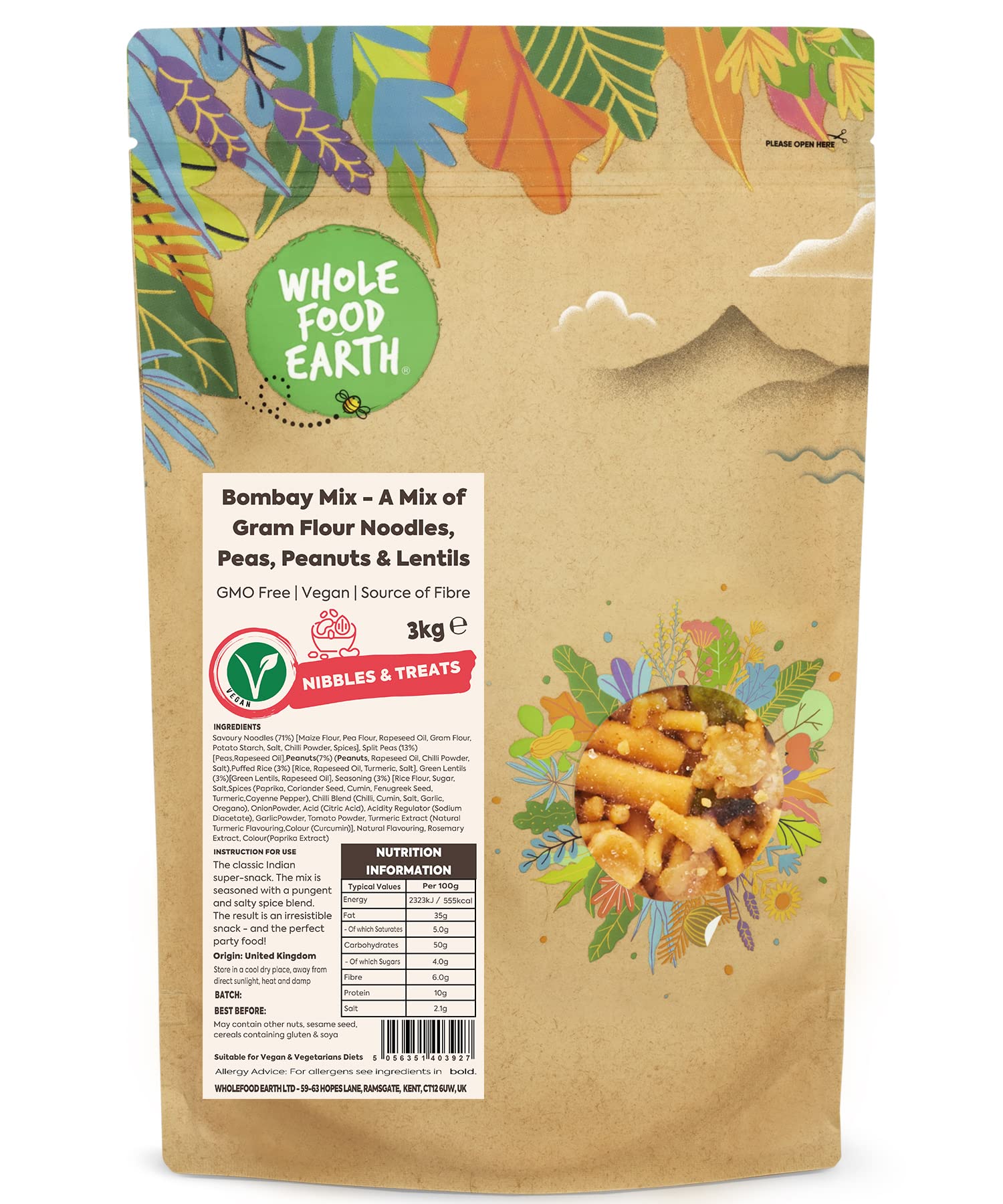 Whole Food Earth? - Bombay Mix - A Mix of Gram Flour Noodles, Peas, Peanuts and Lentils 3 kg | GMO Free | Source of Fibre
