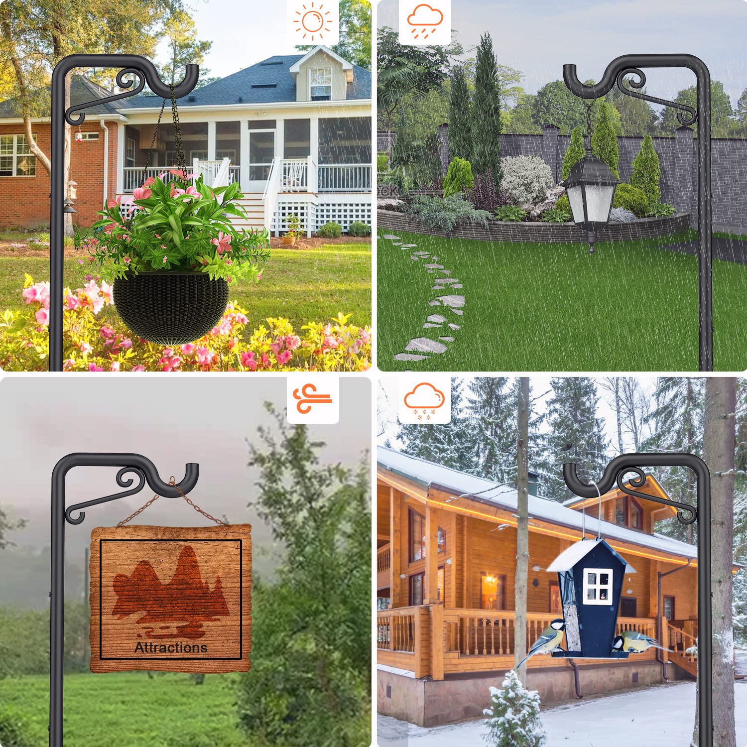 Bomclap Shepherd Hook for Outdoor Use, Pack of 2, 75 inches/190 cm, Adjustable, Durable, Weather Resistant, Black, Rustic Style, Garden Decoration