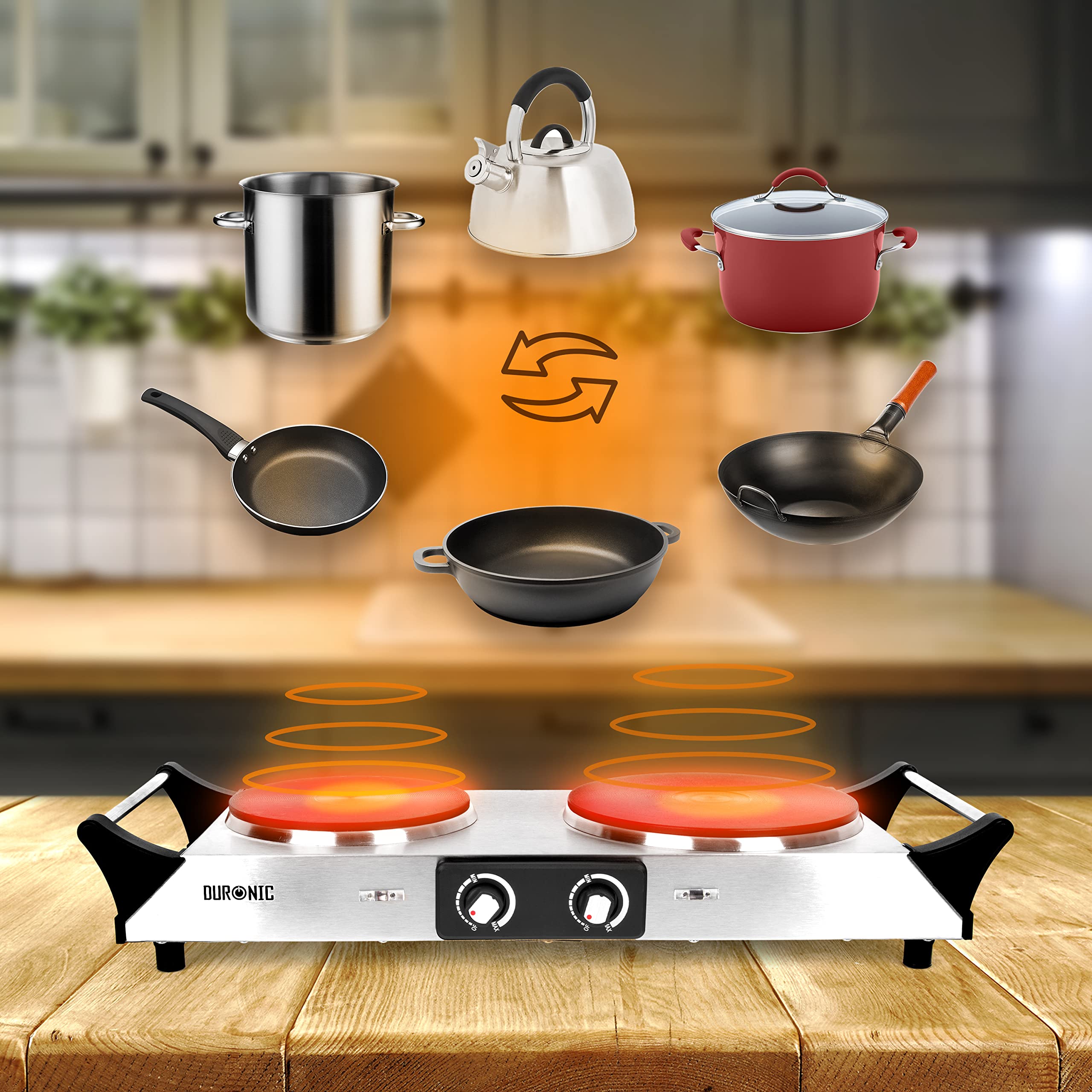 Duronic Hot Plate HP2 SS, Stainless Steel Table Top Cooking, 2500W Black Steel Electric Double Hob with Handles, 2 Cast Iron Portable Hob Burner Rings