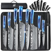 Dfito Chef Knife Sets with Roll Bag, 9 Pieces Professional Knife Set, High Carbon Stainless Steel Kitchen Chef Knife Set, Blue Resin Handle,
