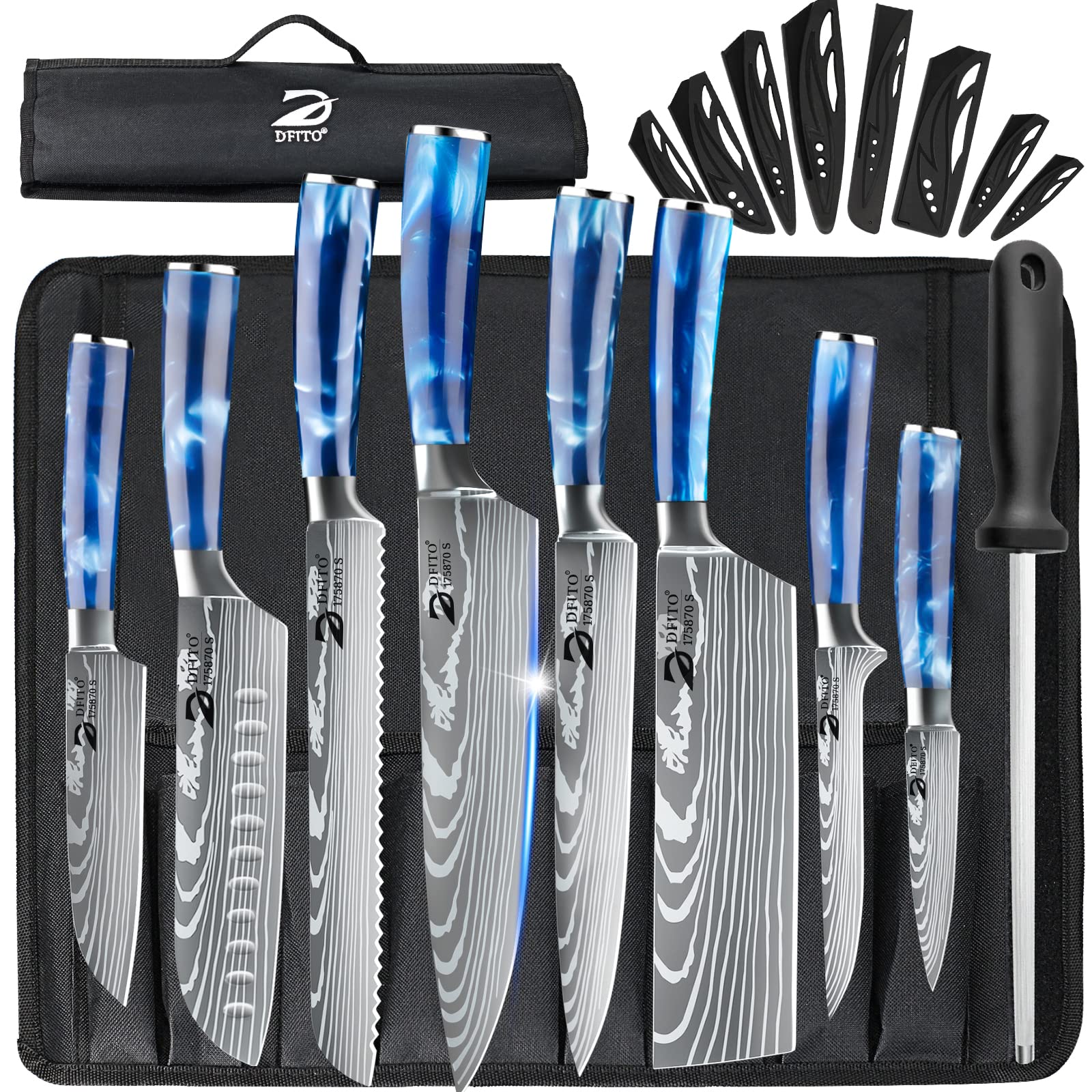 Dfito Chef Knife Sets with Roll Bag, 9 Pieces Professional Knife Set, High Carbon Stainless Steel Kitchen Chef Knife Set, Blue Resin Handle,