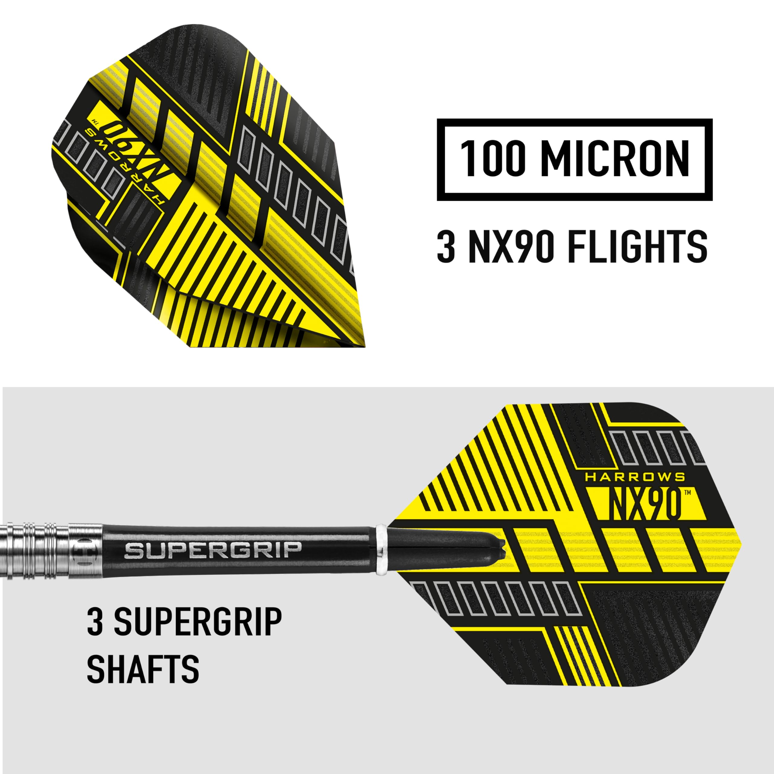 Harrows NX90 90% Tungsten Steel Tip Darts Set 21g, 22g, 23g, 24g, 25g & 26g - Includes Black Supergrip Midi Shafts & Micron NX90 Flights (25g)