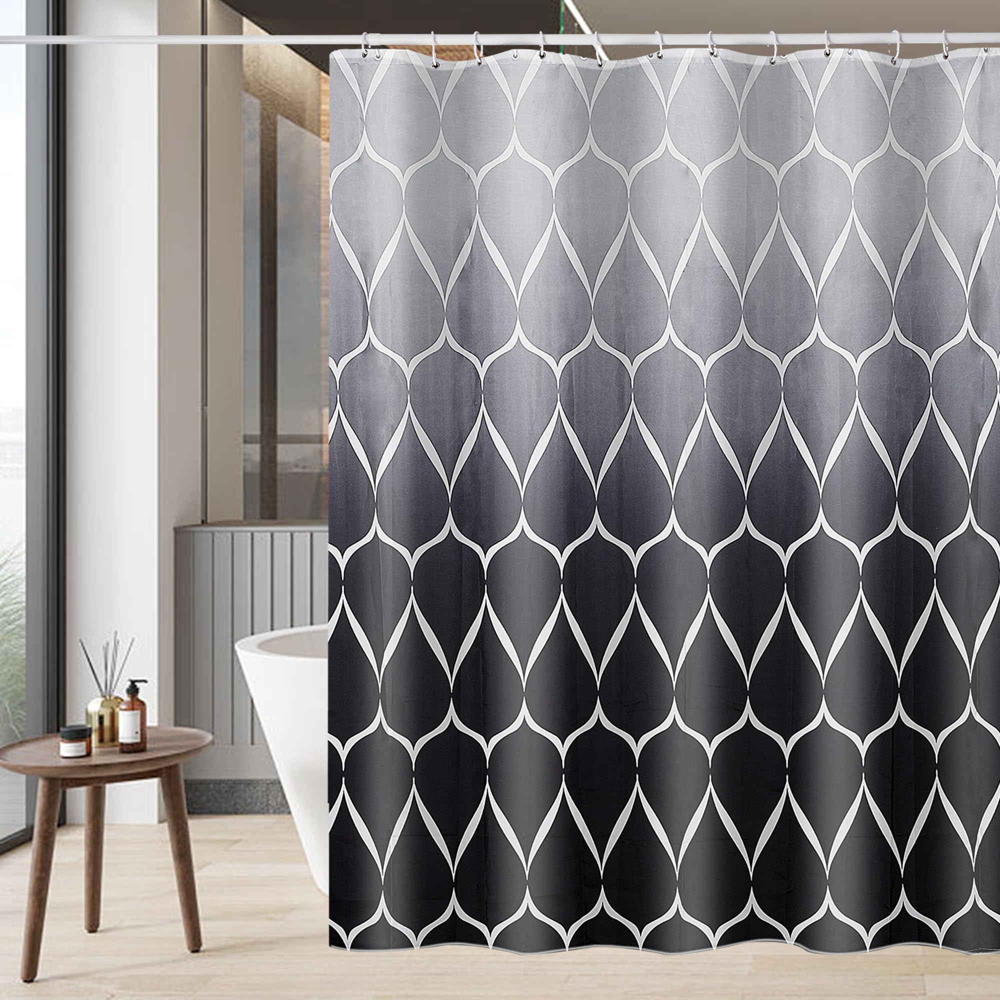 GERUIKE Extra Wide Weighted Shower Curtain 240 x 200 cm, Anti-Mould Waterproof Textile 130GSM Polyester Fabric, Machine Washable with 12 Rings & Grey