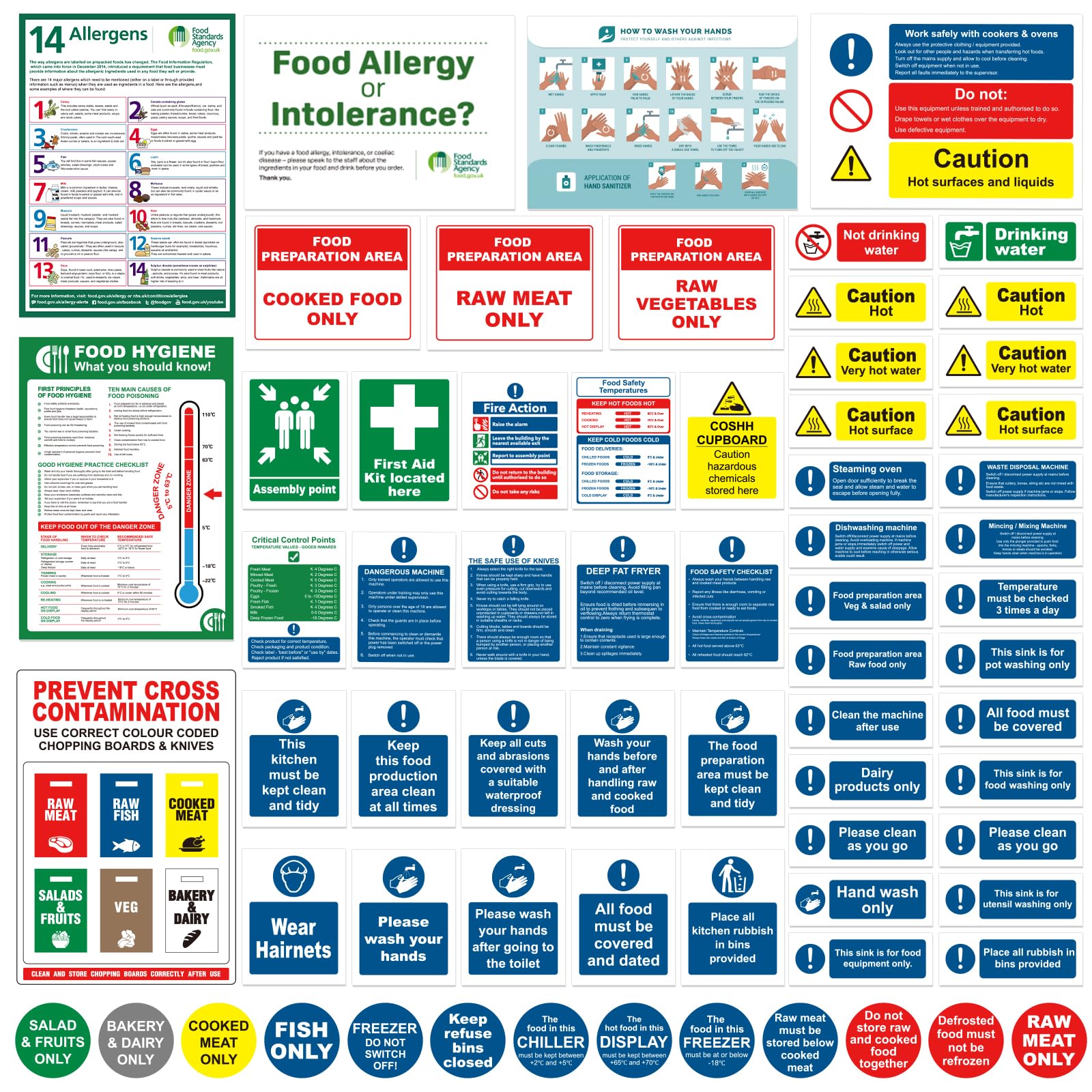 Complete Kitchen Safety Signs Set - 68 Pcs - Matte Self-Adhesive Vinyl, Waterproof and Oil-Proof - Food Hygiene Stickers, Ensure Safety and Compliance