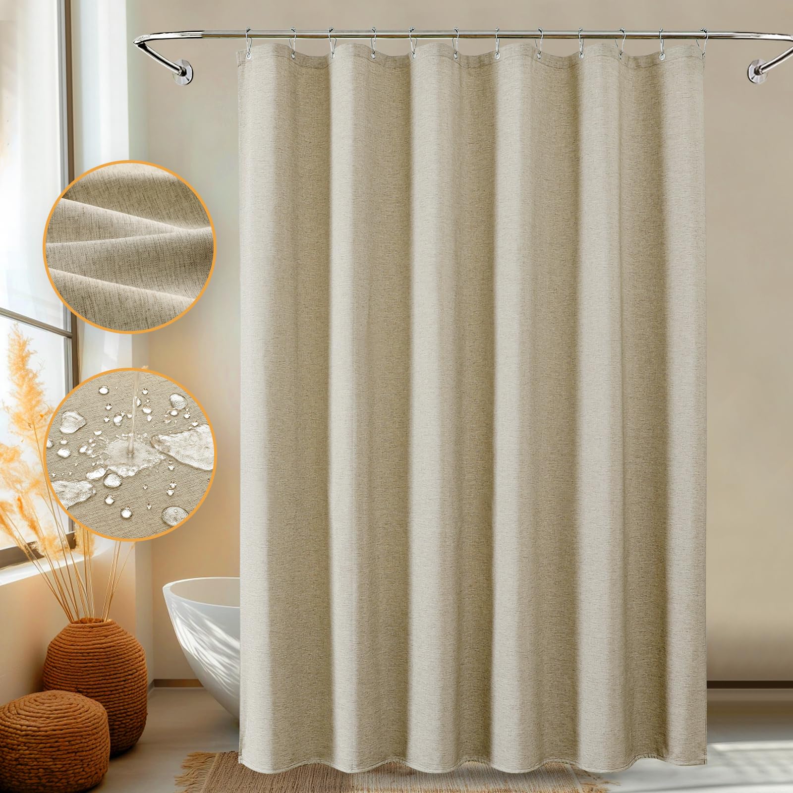 FY&XZH Linen-Texture Heavy-Duty Fabric Shower Curtain, Extra Soft Double-layer waterproof Shower Curtains With Smart Function Stainless Steel Hooks,