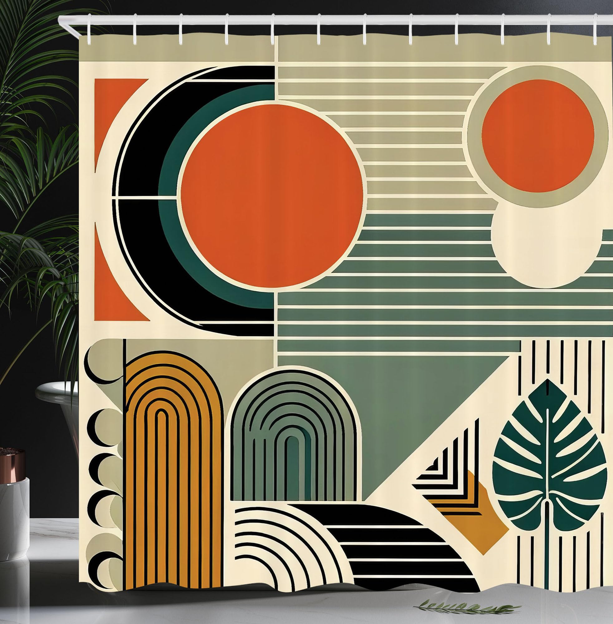 ABAKUHAUS Monstera Shower Curtain, Abstract Boho Mid Century, Cloth Fabric Bathroom Decor Set with Hooks, 175 x 200 cm, Burnt Orange Pale Khaki