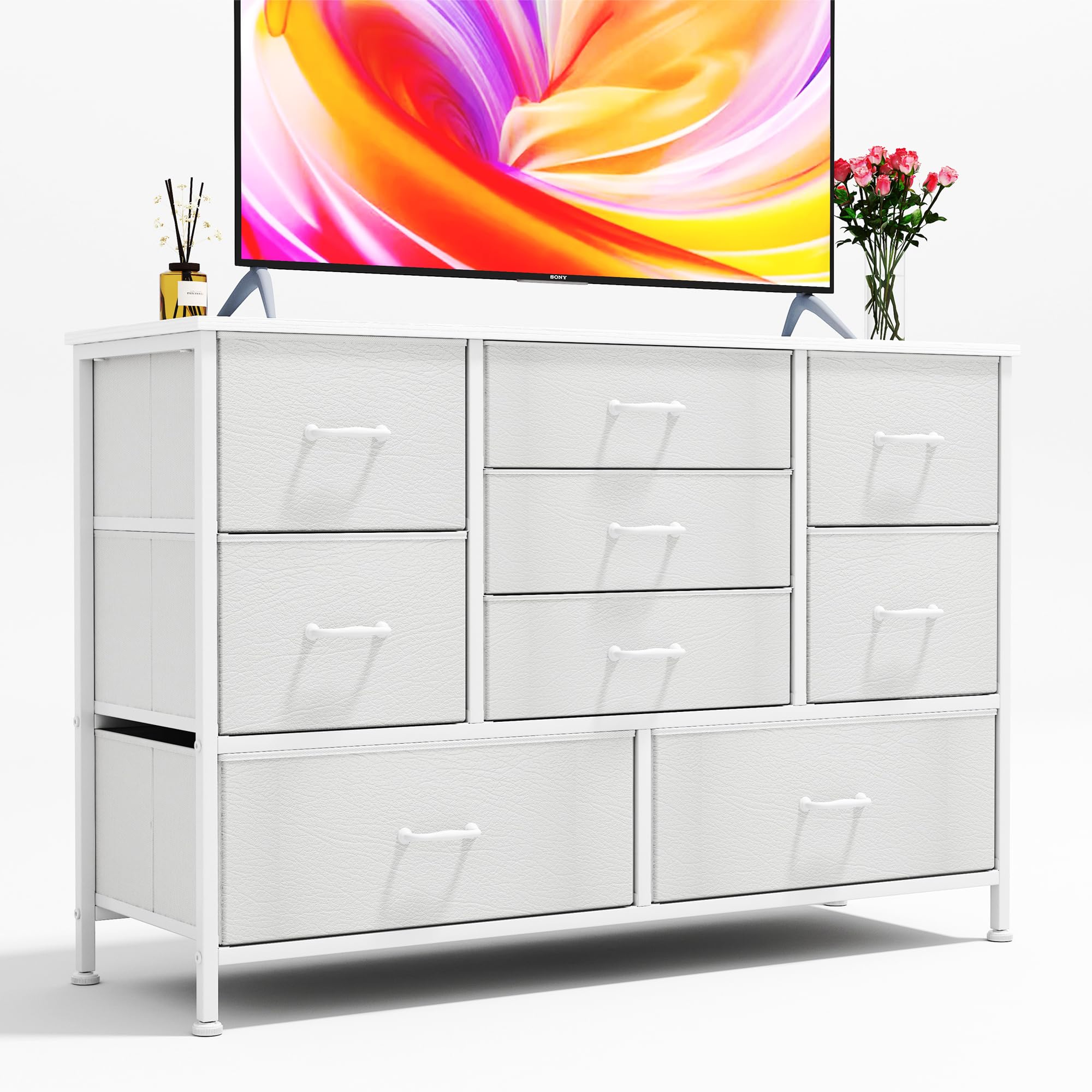 CAIYUN Chest of Drawers, Dresser for Bedroom with 9 Drawers, Wood Top Tall TV Stand Large Storage Organizer Unit Shelf with Fabric Drawers, Living