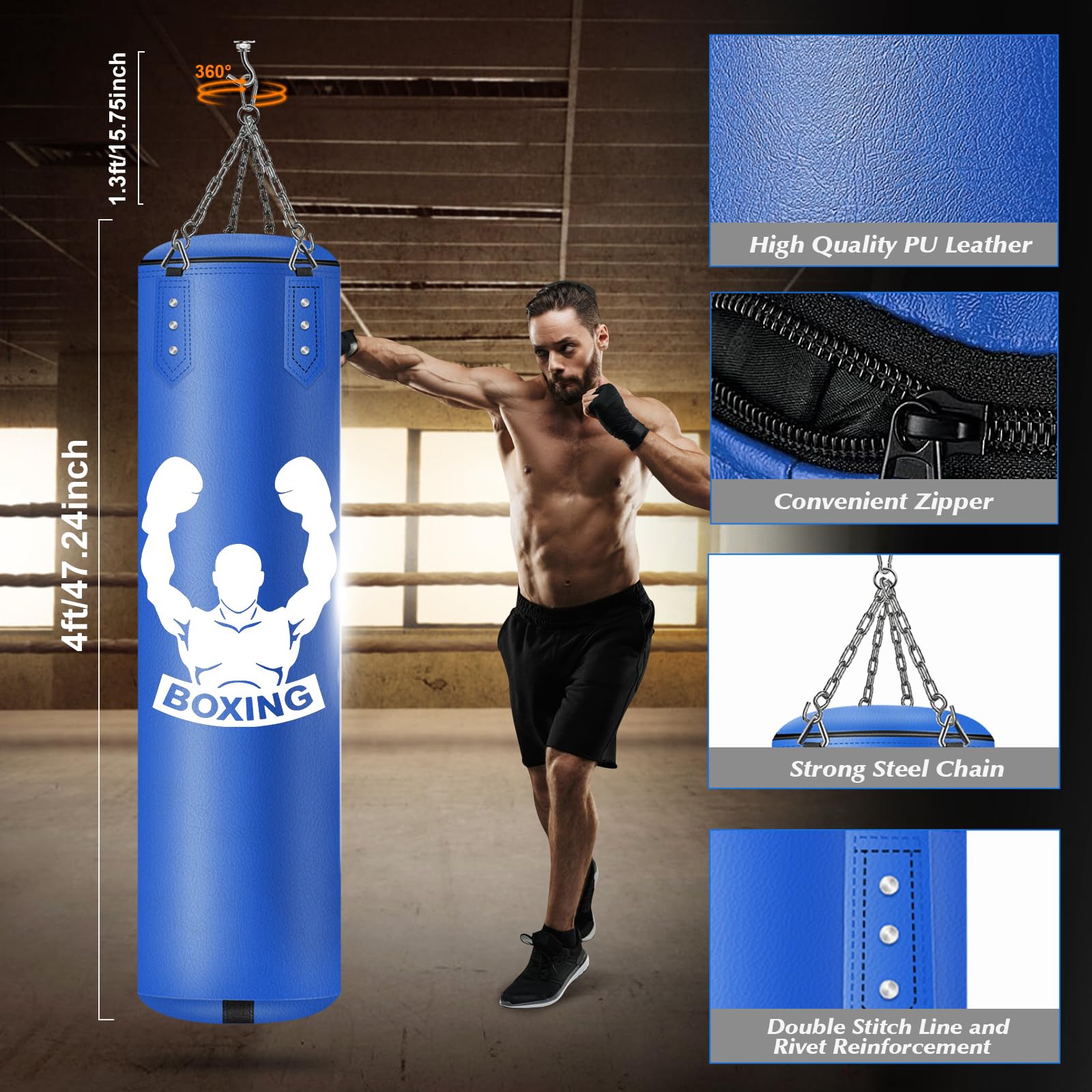 NZQXJXZ Heavy Bag Boxing for Adults, 4FT Boxing Punch Bag, Boxing Training Equipment with Unfilled Kicking Bag, Reflex Ball, MMA Gloves, Wristband,