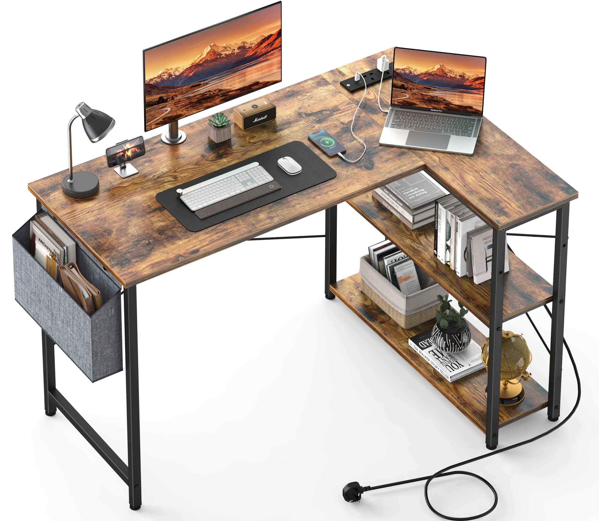 Yornoli L Shaped Computer Desk with Power Outlet, 118CM Corner Office Desk for Small Spaces with Storage Shelves, Study Work Writing Table for Home