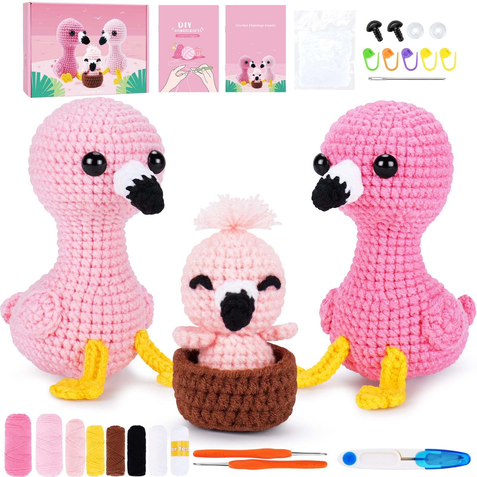 Crochet Kit for Beginners Adults Kids Famliy Flamingos Crochet Animal Kit Step-by-Step Video Crochet Flamingos Crochet Learn to Crochet Starter Kit