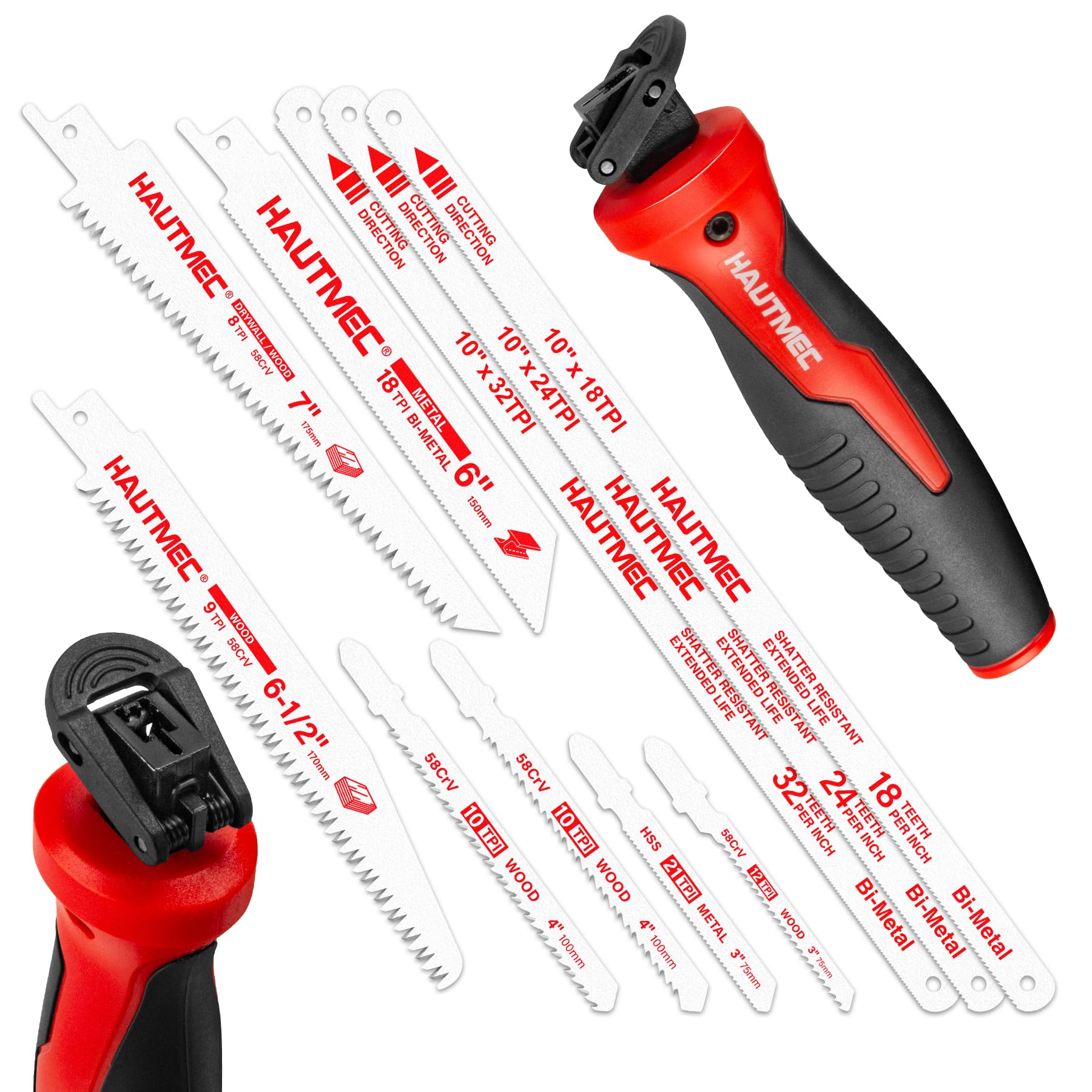 HAUTMEC 10-in-1 Multi Blades Hand Saw with Quick-Release Change Mechanism and Pro HSS/Cr-V/Bi-Metal Blades, Compact Hacksaw, Jab Saw, Versatile
