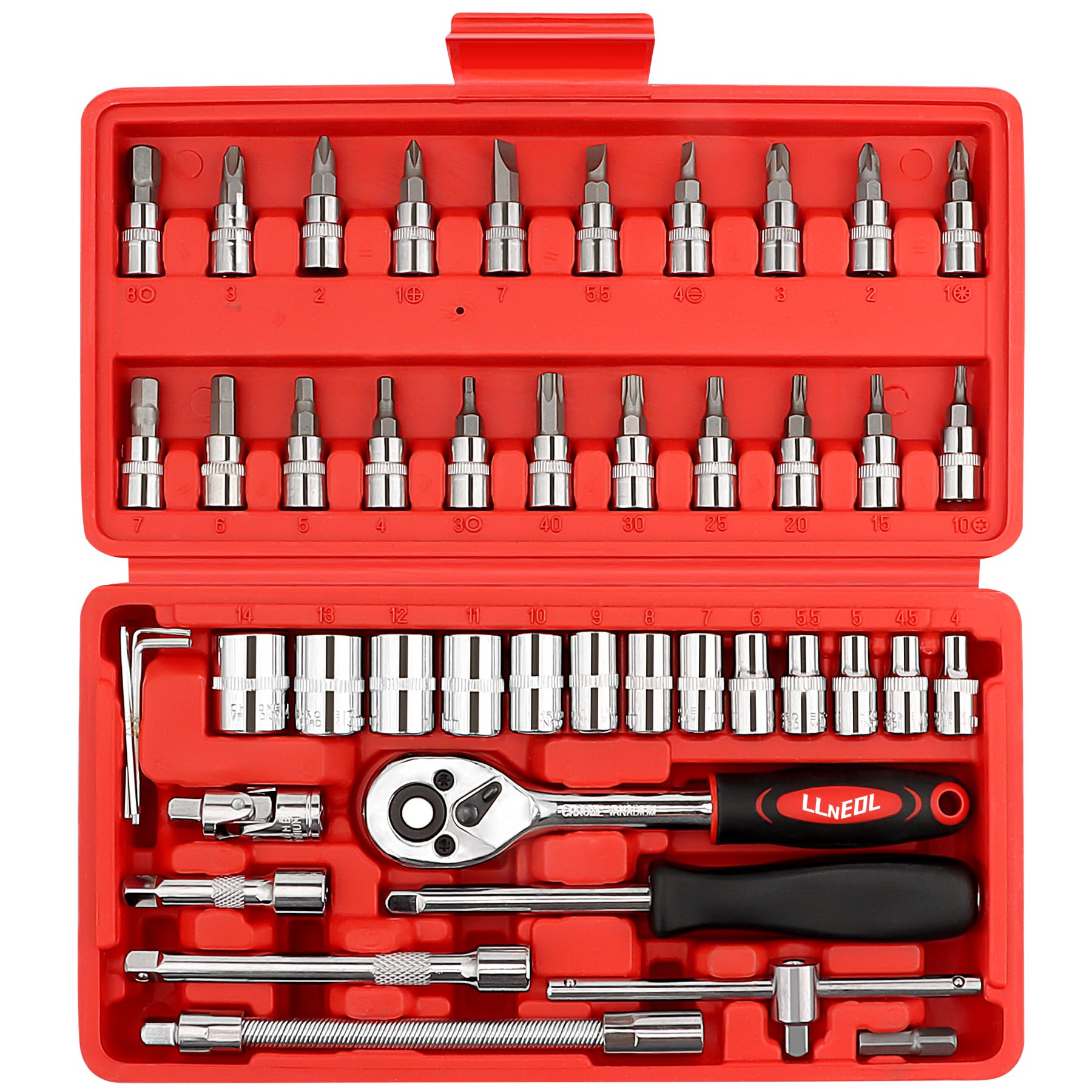 LLNEDL 46 Pieces 1/4" Drive Socket Set&Tool Sets, Ratchet Wrench Set with Bit Socket Set Metric and Extension Bar for DIY, Car Repair and Household