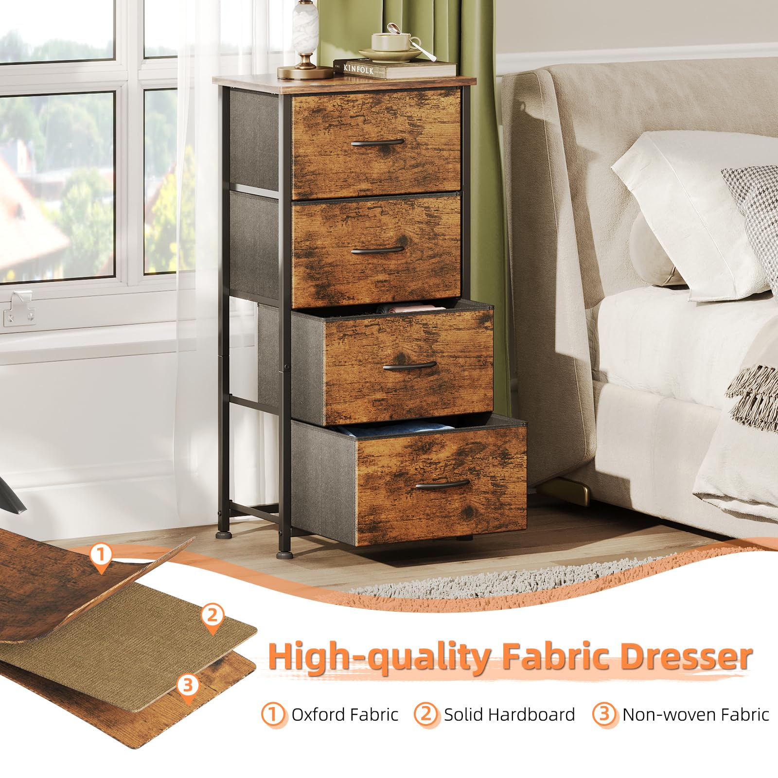 CAIYUN Chest of Drawers Bedroom, 4 Drawers Tall Dresser, Dresser for Bedroom Entryway Hallway Wardrobe, Closet Storage Drawer, Rustic Brown