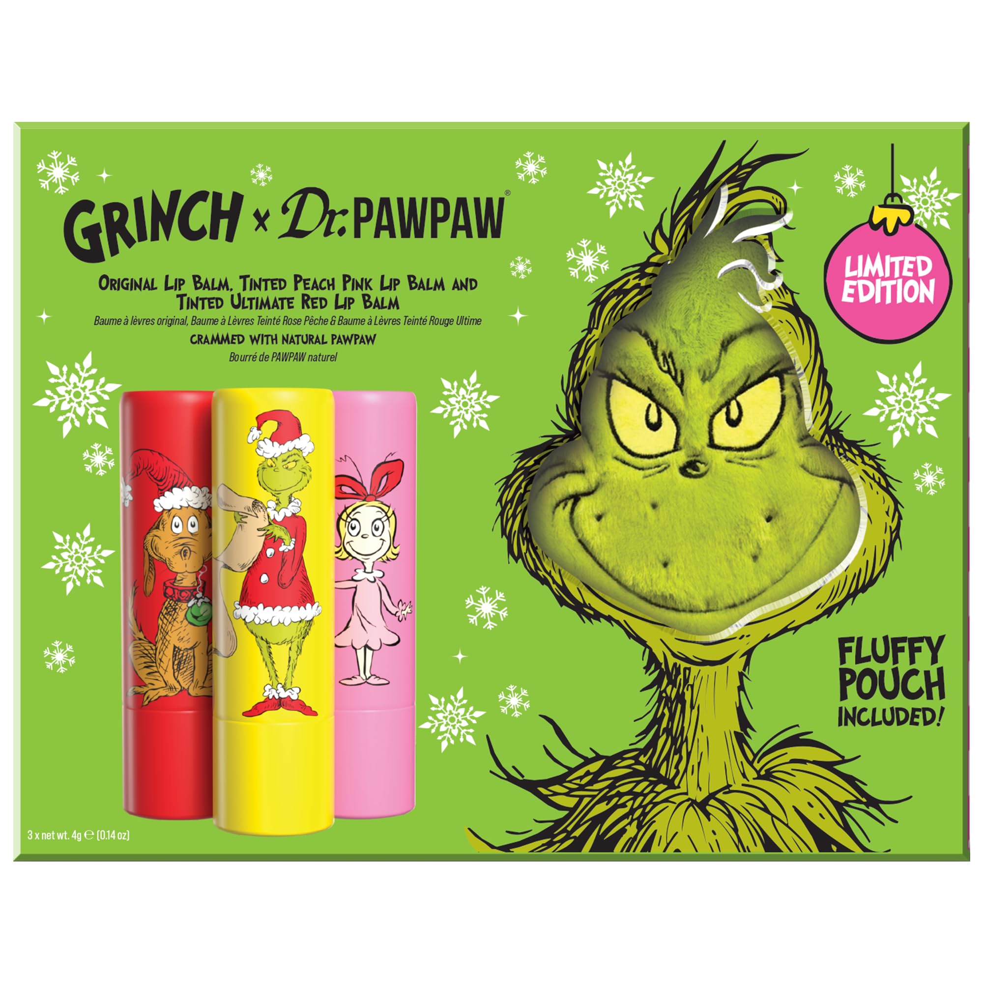 Dr.PAWPAW x The Grinch Original, Peach Pink & Ultimate Red Gift Set (3 x 4g) + Pouch, Hydrating & Tinted Lip Balm Trio, Nourishing PAWPAW-Infused