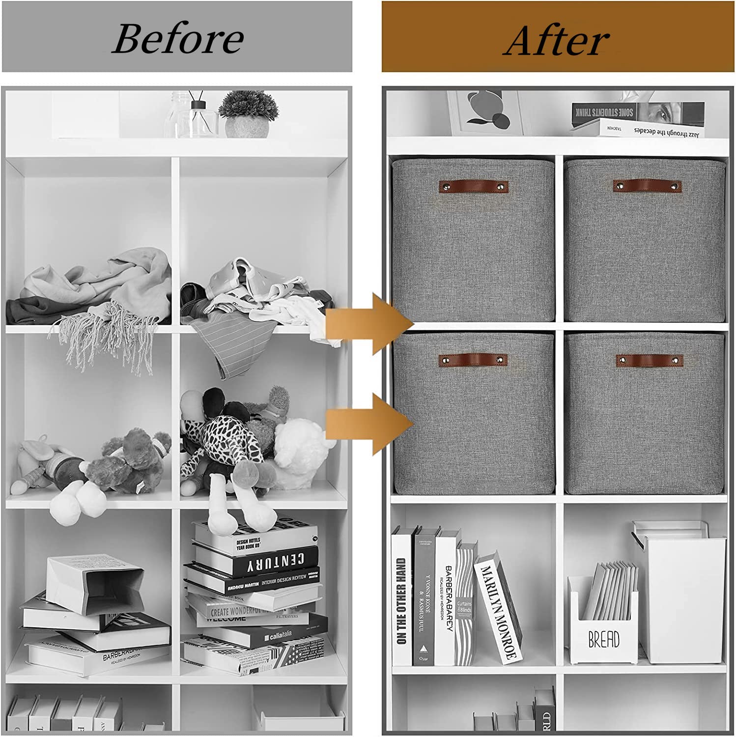 Mangata Collapsible Storage Cube Boxes, Linen Woven Fabric Storage Baskets, Cube Closet Organizer with Leather Handles (Grey)