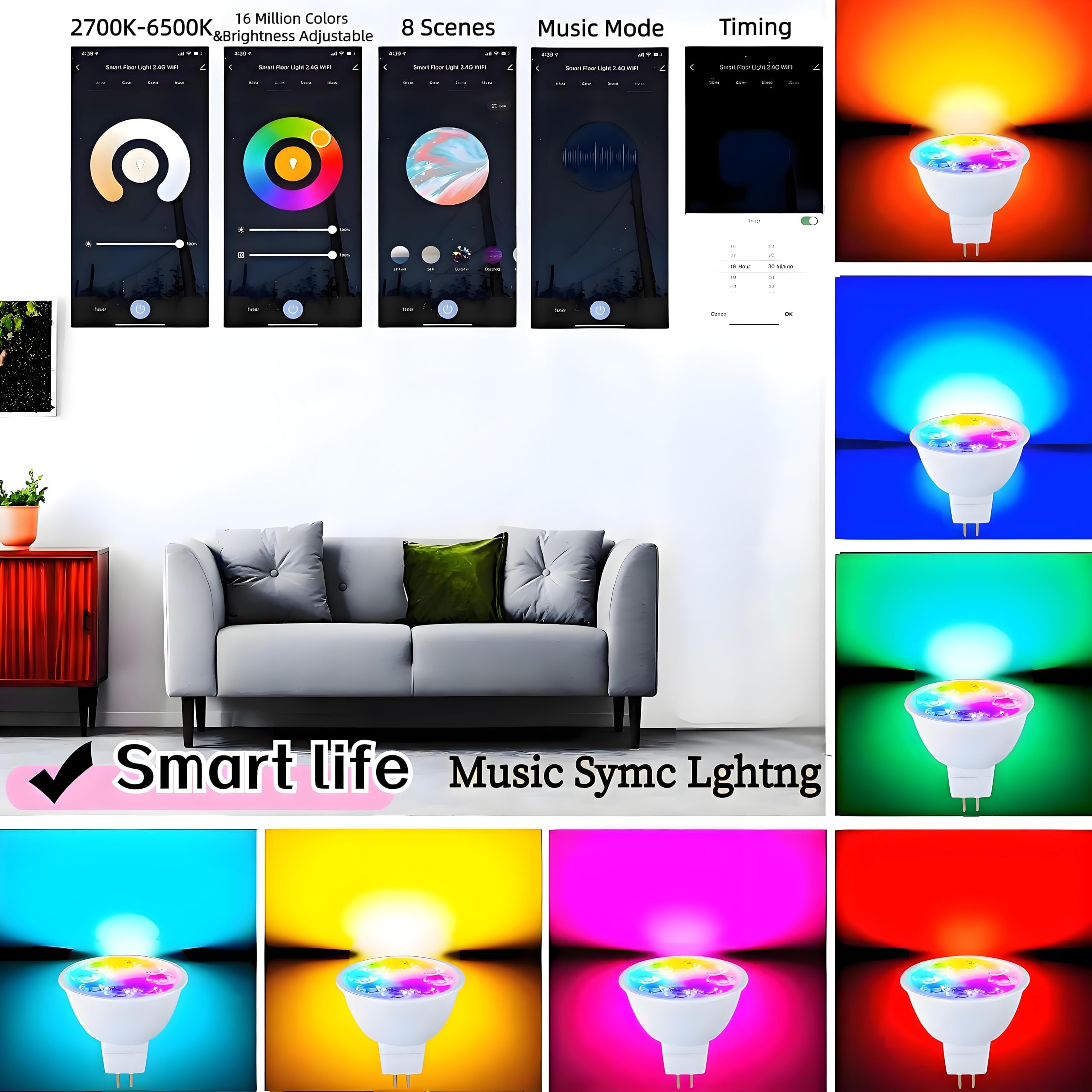 Smart MR16 GU5.3 LED Bulbs,APP Controls RGB MR16 GU5.3 Light Bulbs Compatible with Alexa and Google Home,450LM 12V GU5.3 Bi-Pin Base,MR16 Colour