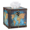 BTSKY Wooden + PU Retro Household Office Cube Square Tissue Holder Box Cover Napkin Holder, Elegant and Stylish Home Decoration (Blue Map)