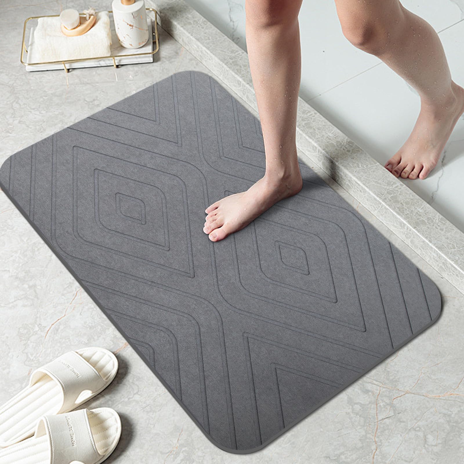 HUMIGA 2 Pack Stone Bath Mat, Diatomaceous Earth Shower Mat, Non-Slip Super Absorbent Quick Drying Bathroom Kitchen Floor Mat, 24x15, Grey