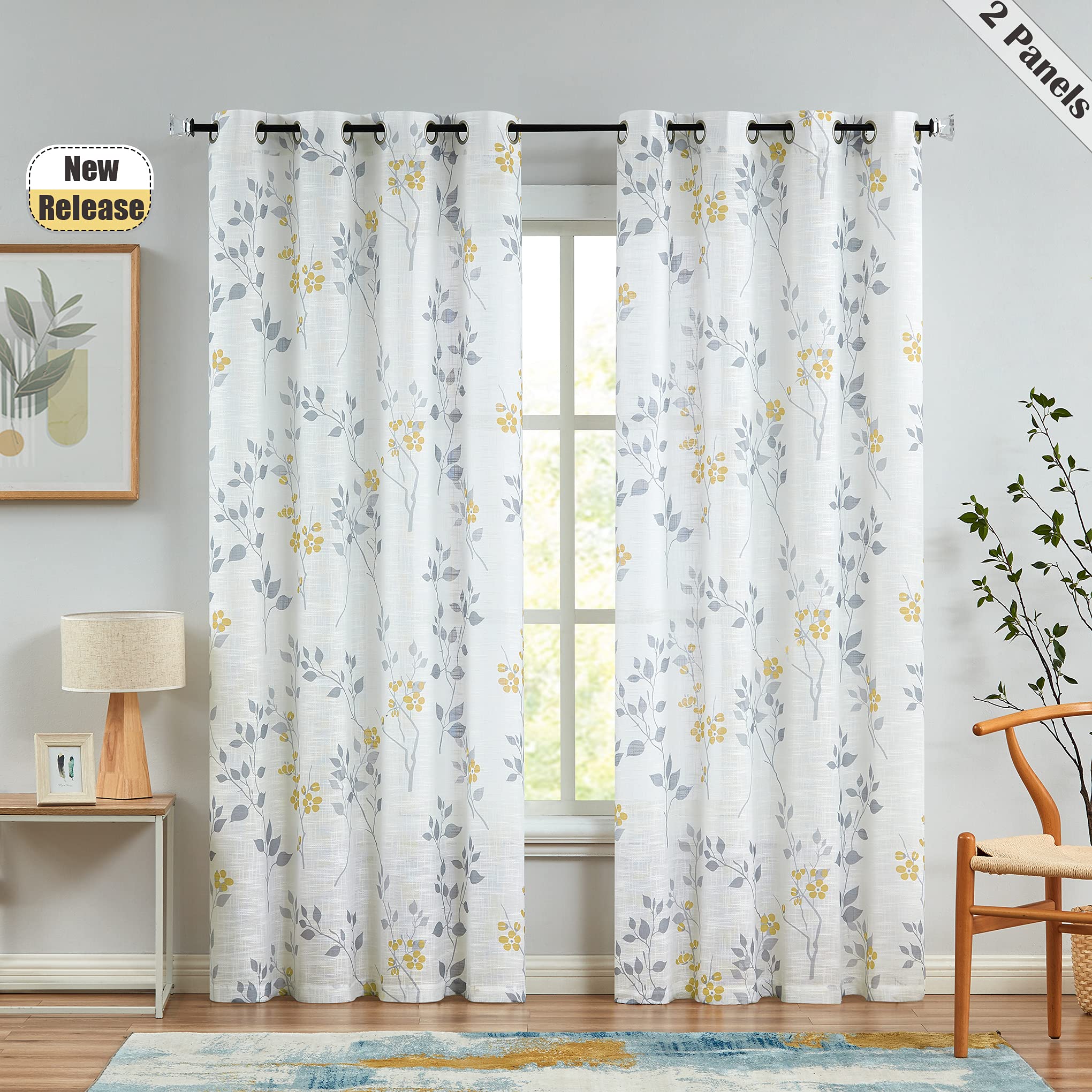Beauoop Yellow Grey Semi Sheer Floral Curtains for Living Room 90 Drop Linen Textured Farmhouse Curtains for Bedroom Leaf Printed Eyelet Rustic Drapes