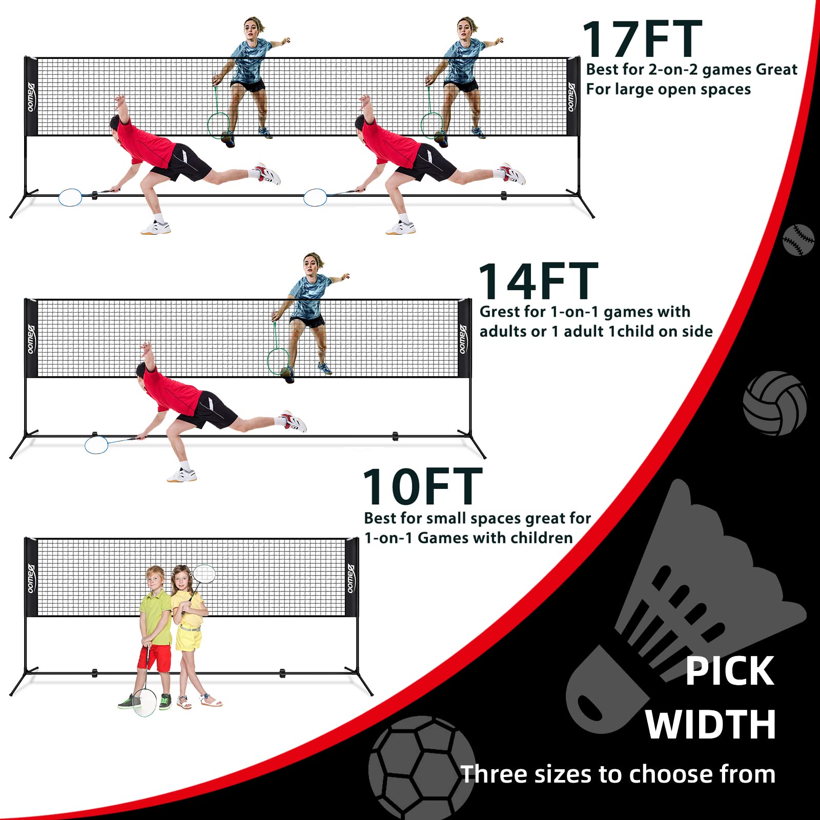 DAWOO Portable Sports Net Set - For Tennis, Soccer, Pickleball, Kids Volleyball, Badminton - Easy Setup Nylon Net with Poles (3M)