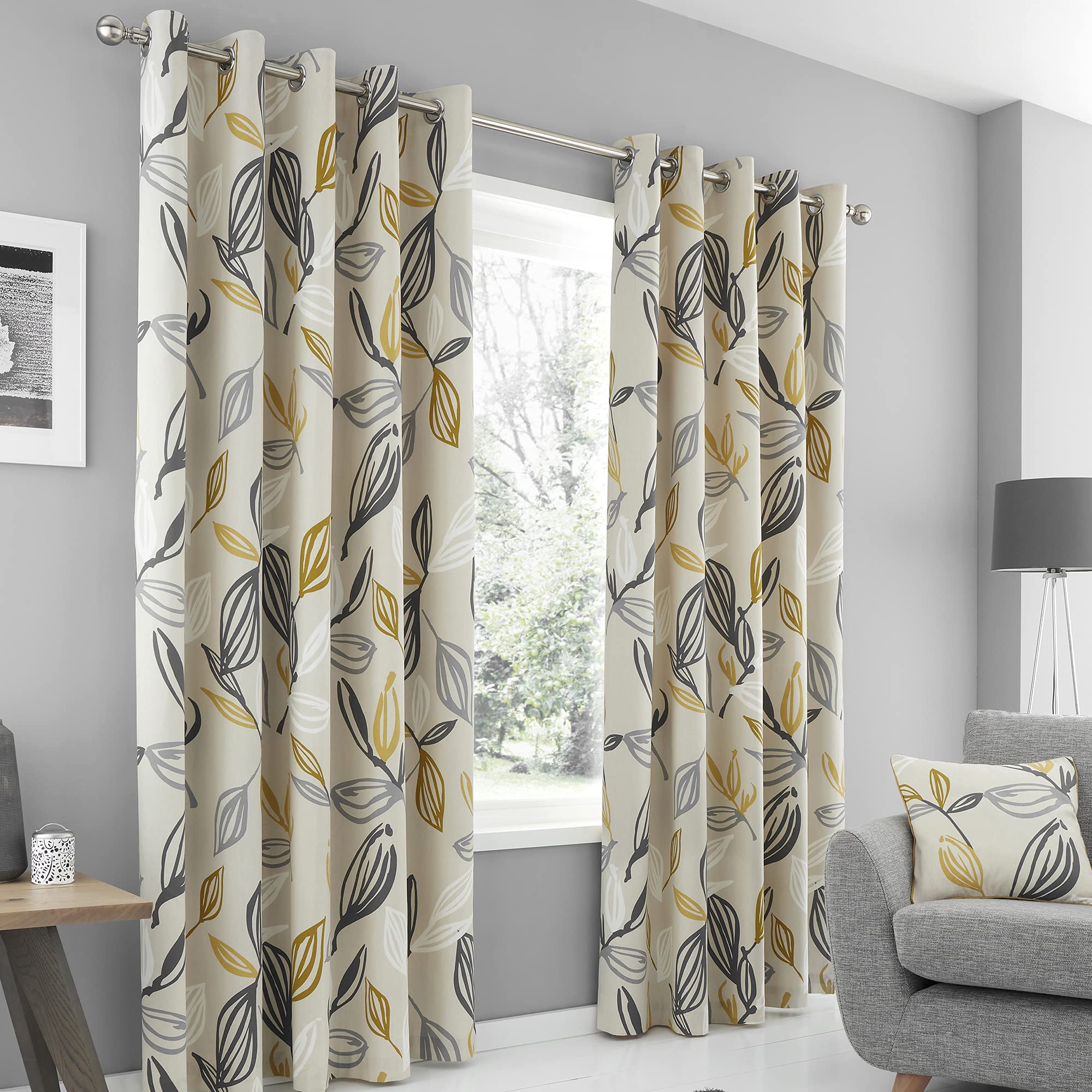 Fusion - Ensley - 100 Percent Cotton Pair of Eyelet Curtains - Ochre, 66" Width x 90" Drop (168 x 229 cm)