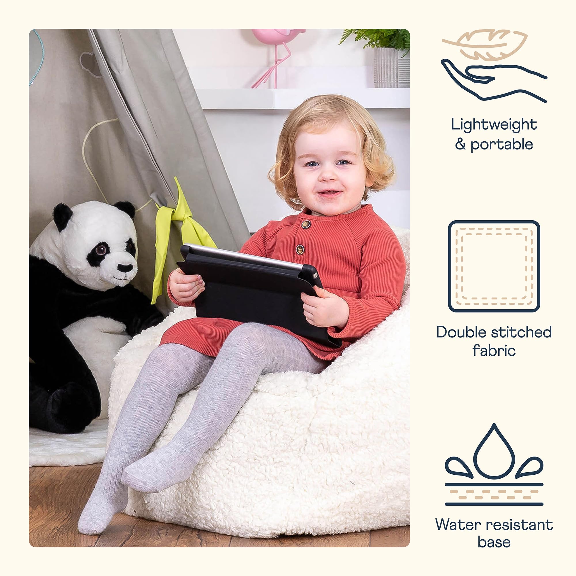 icon Kids Teddy Fleece Bean Bag Chair, Cream, Fluffy Kids Bean Bag Armchair with Filling Included for Girls and Boys, Childrens Chair, Nursery Dcor,