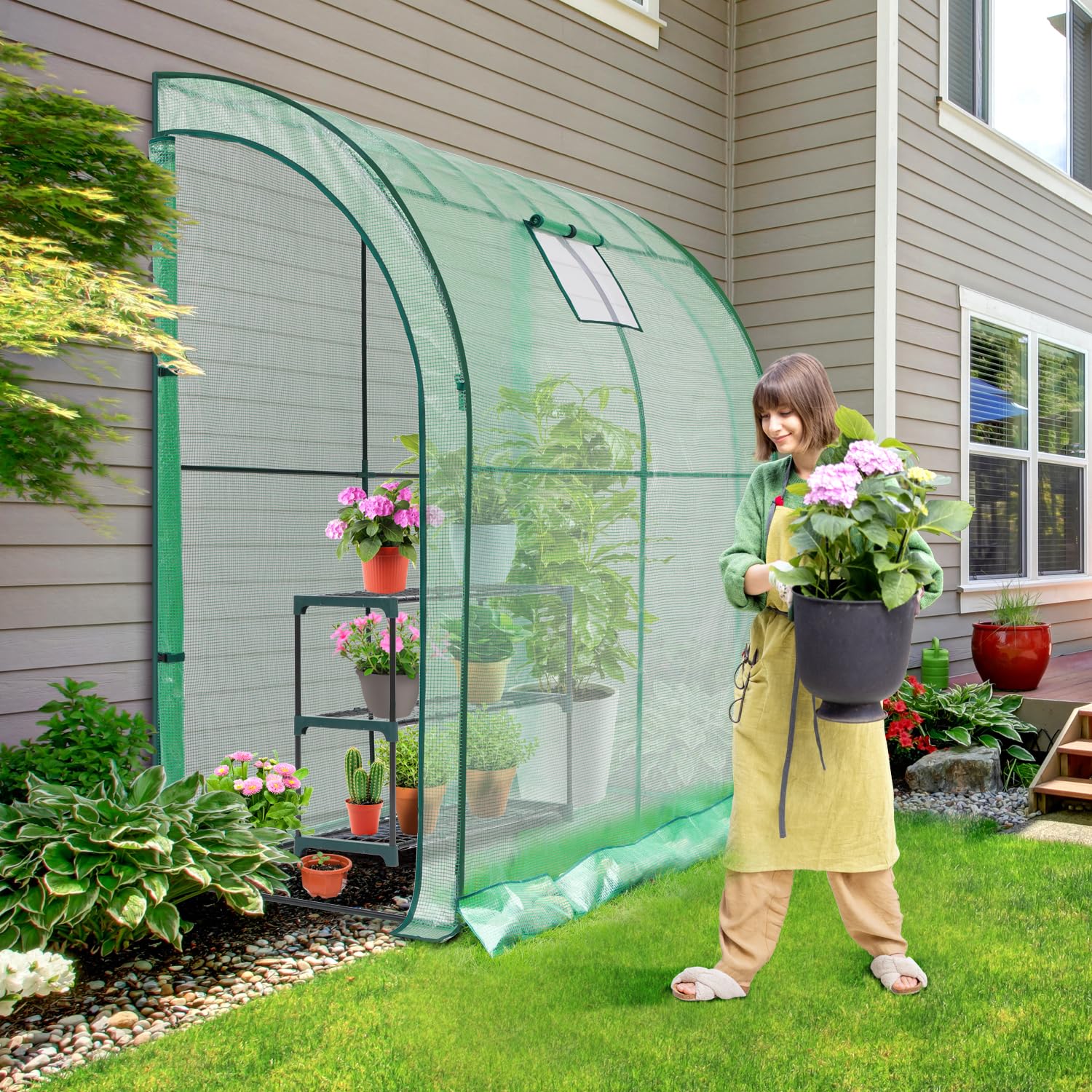 Ohuhu Lean to Greenhouse with Greenhouse Shelving, Portable Walk-in Green House with Mesh Windows 200x100x210 cm Reinforced Lean-to Wall Greenhouses