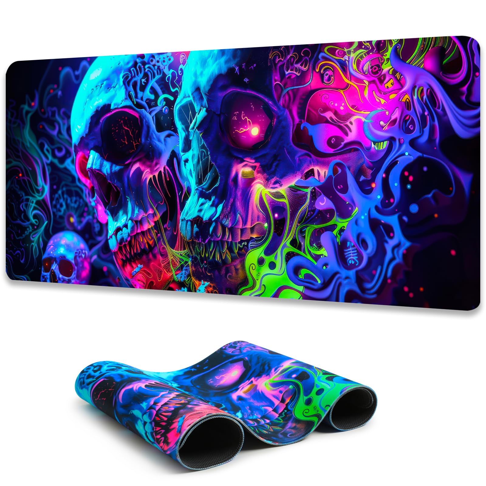 Simpkeely Horror Skull Mouse Pad, Blacklight Colorful Skeleton Gaming Large Non-Slip Rubber Base Mousemat, Glow in the Dark Abstract Desk Mat for