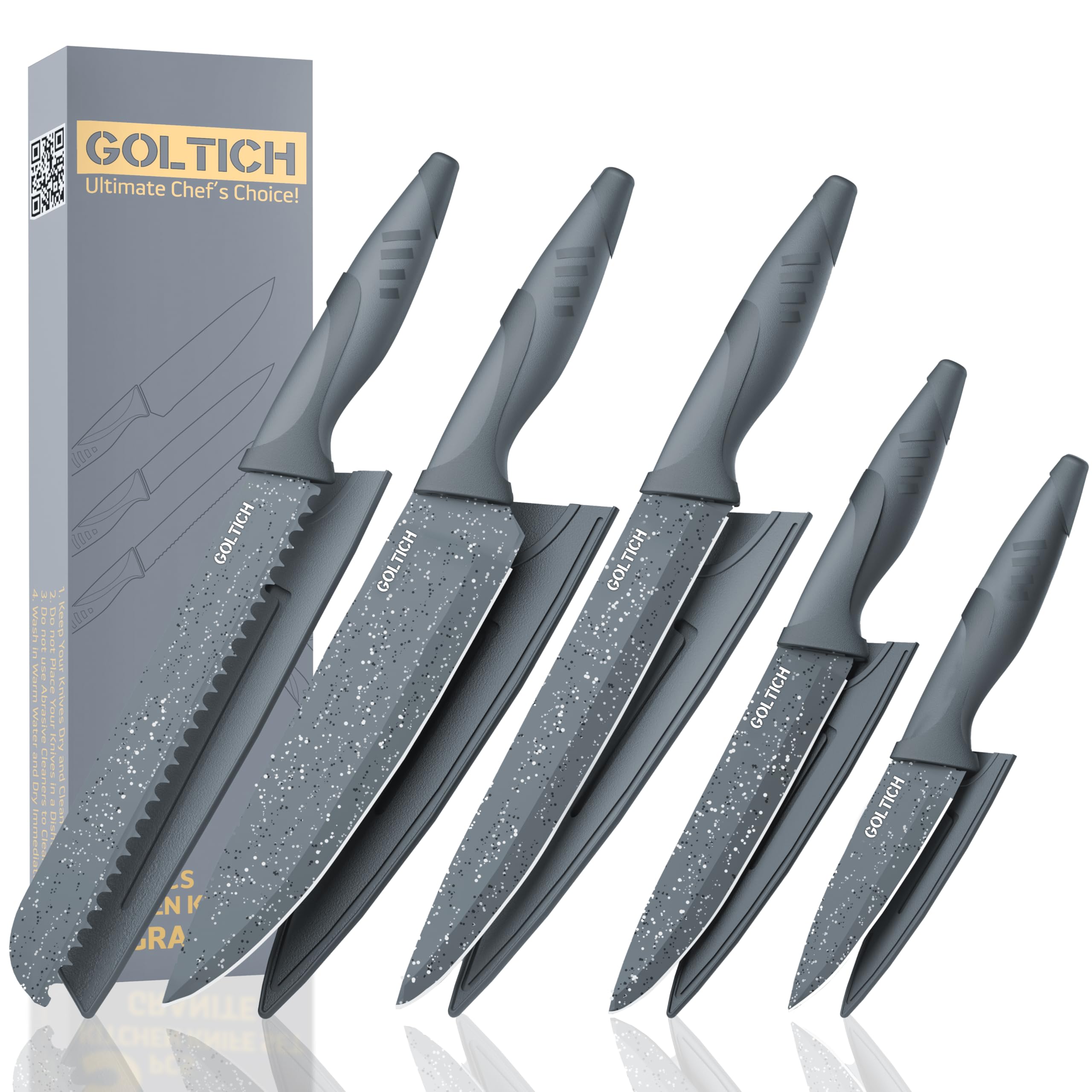 GOLTICH 5 PCs Grey Kitchen Knife Sets with Sheath - Premium Stainless Steel Kitchen Knives Set with Easy Grip Handle - Ultra Sharp Knife Set Includes