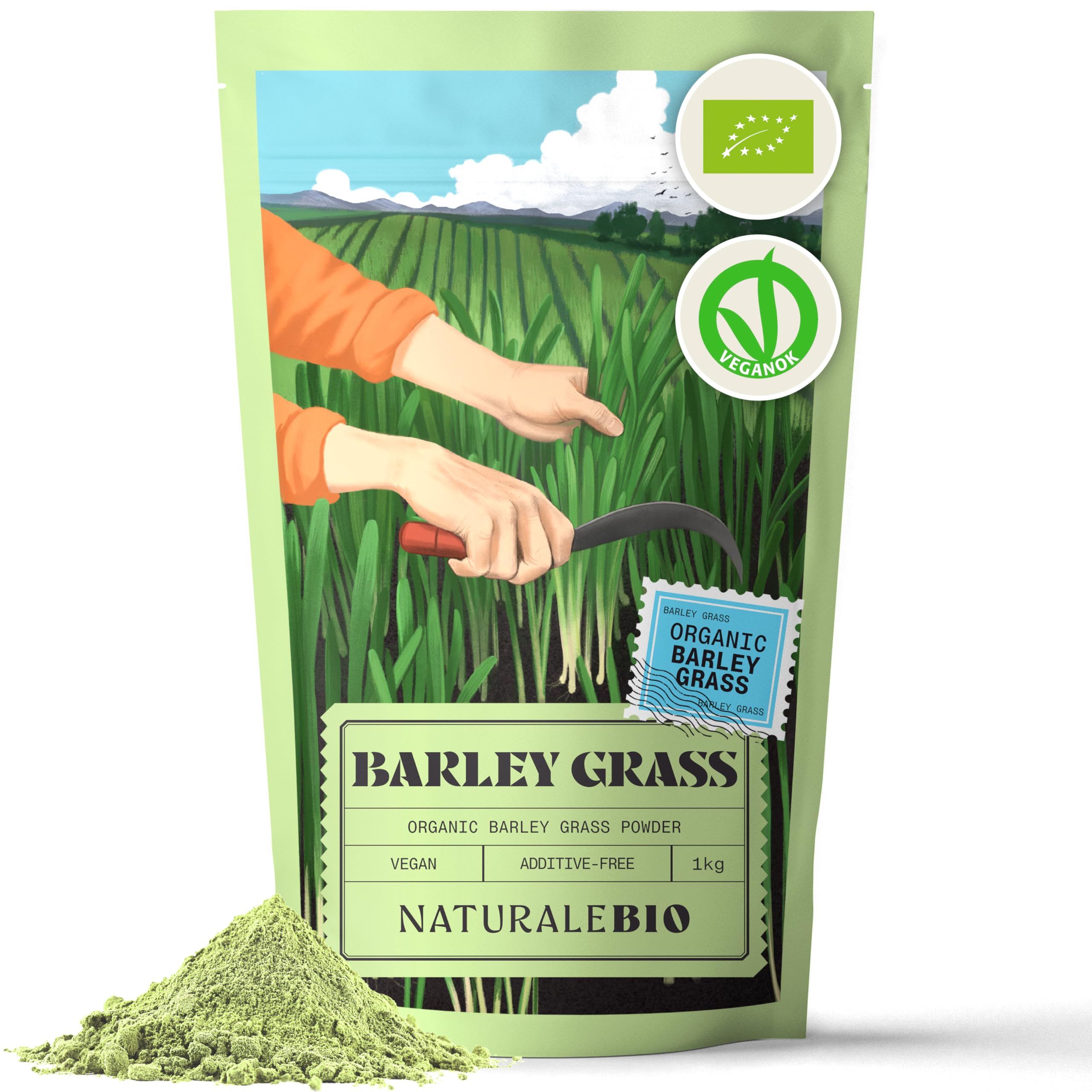 NaturaleBio Raw Organic Barley Grass Powder 1kg. Bio, Natural and Pure, Grown in Europe. Ideal for Green juices, Smoothies and Recipes. Suitable for