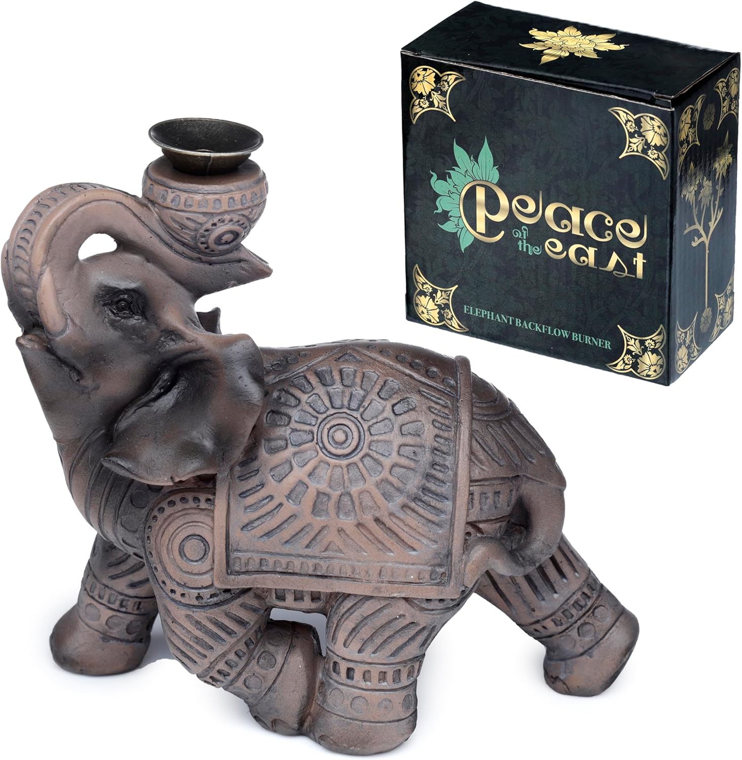 Puckator Peace of the East Wood Effect Elephant Backflow Incense Burner - Home Zen Meditation Decor Accessories - Incense Waterfall Cone Burner - Spiritual Feng Shui Gothic Goth Relaxation Gifts Gift