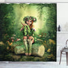 ABAKUHAUS Fairy Shower Curtain, Computer Art Elf Girl Wreath Her Head Sitting on a Tree Stump, Cloth Fabric Bathroom Decor Set with Hooks, 175 x 220