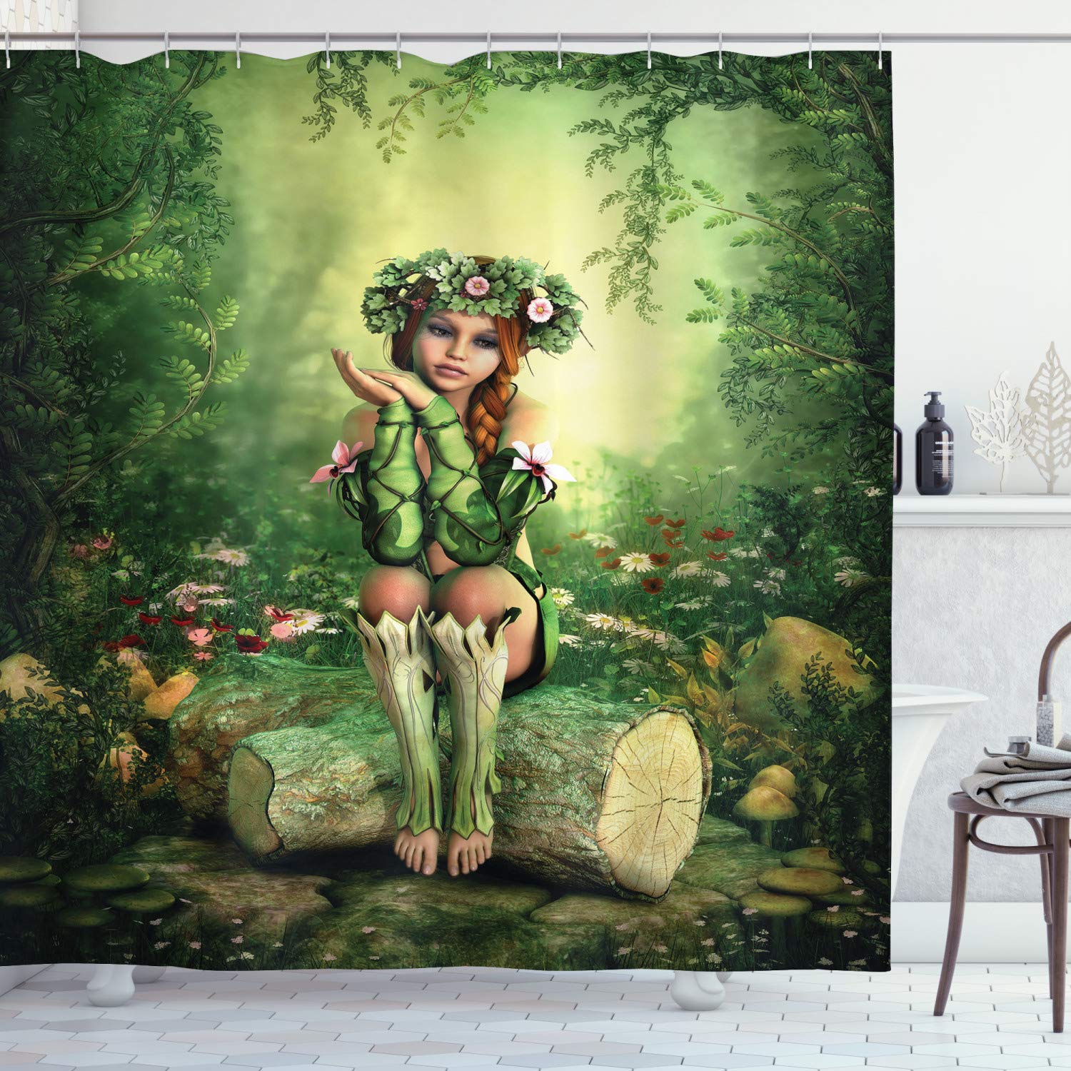 ABAKUHAUS Fairy Shower Curtain, Computer Art Elf Girl Wreath Her Head Sitting on a Tree Stump, Cloth Fabric Bathroom Decor Set with Hooks, 175 x 220