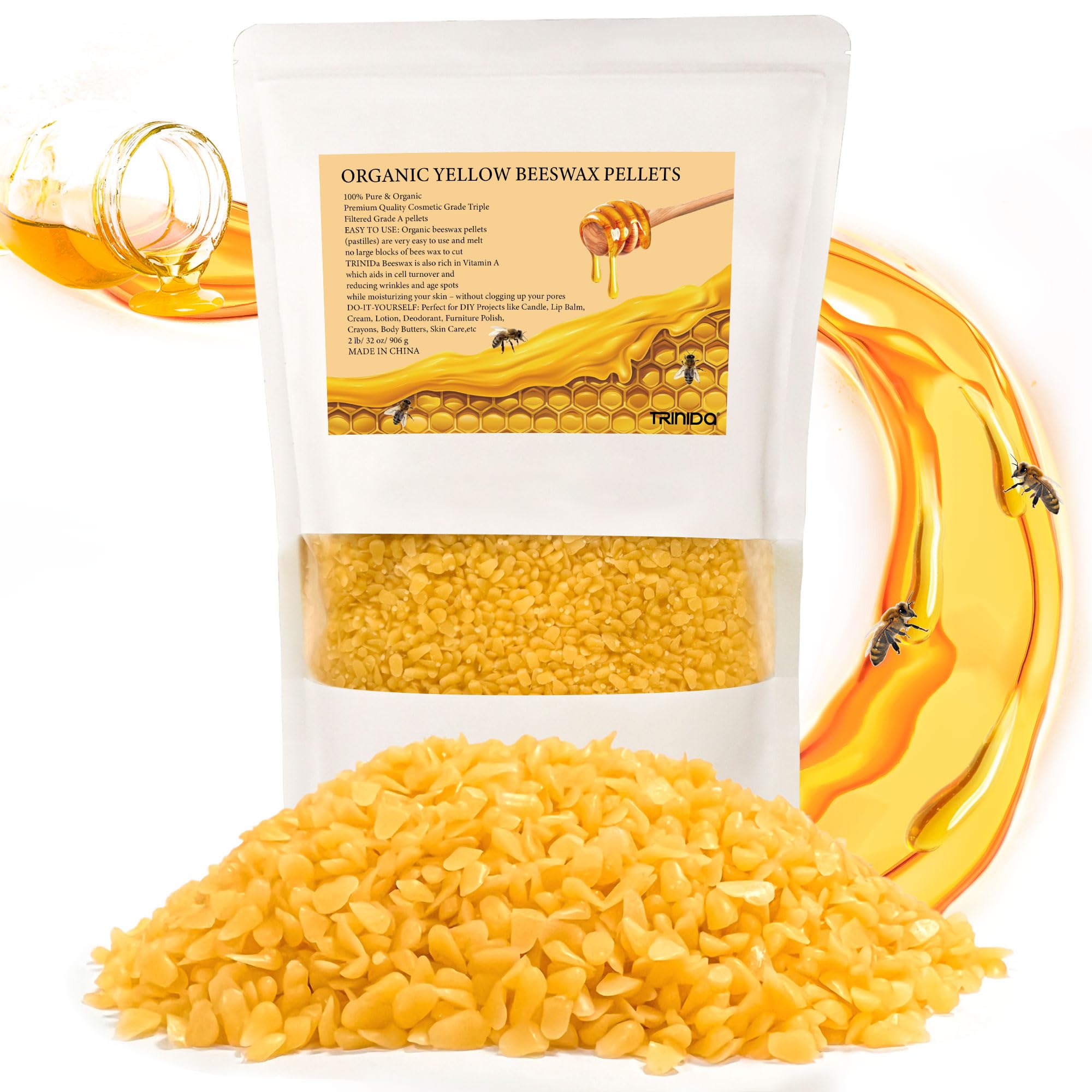 TRINIDa Beeswax Pellets 906g(32 oz), Yellow Bees Wax for DIY Candles, Beeswax for Candle Making, Skin, Body, Face, and Hair Care, Lotions, DIY Creams,