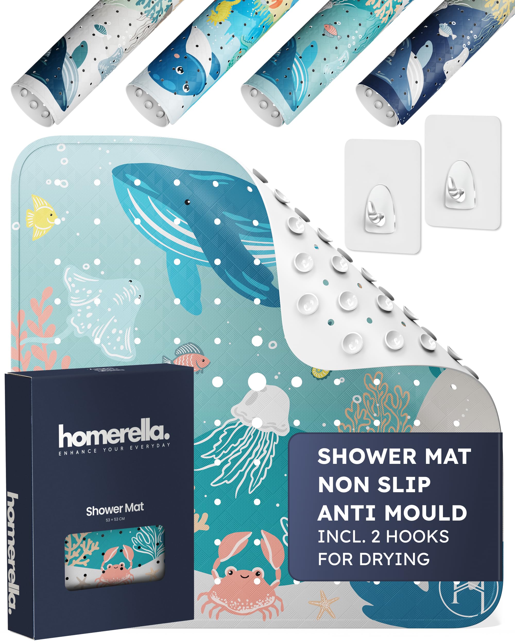 Homerella Shower Mat Skin-Sensitive 53 x 53 cm Includes Hanging Brackets Non Slip Shower Mats for Inside Shower BPA-Free Latex-Free Shower Mat Non