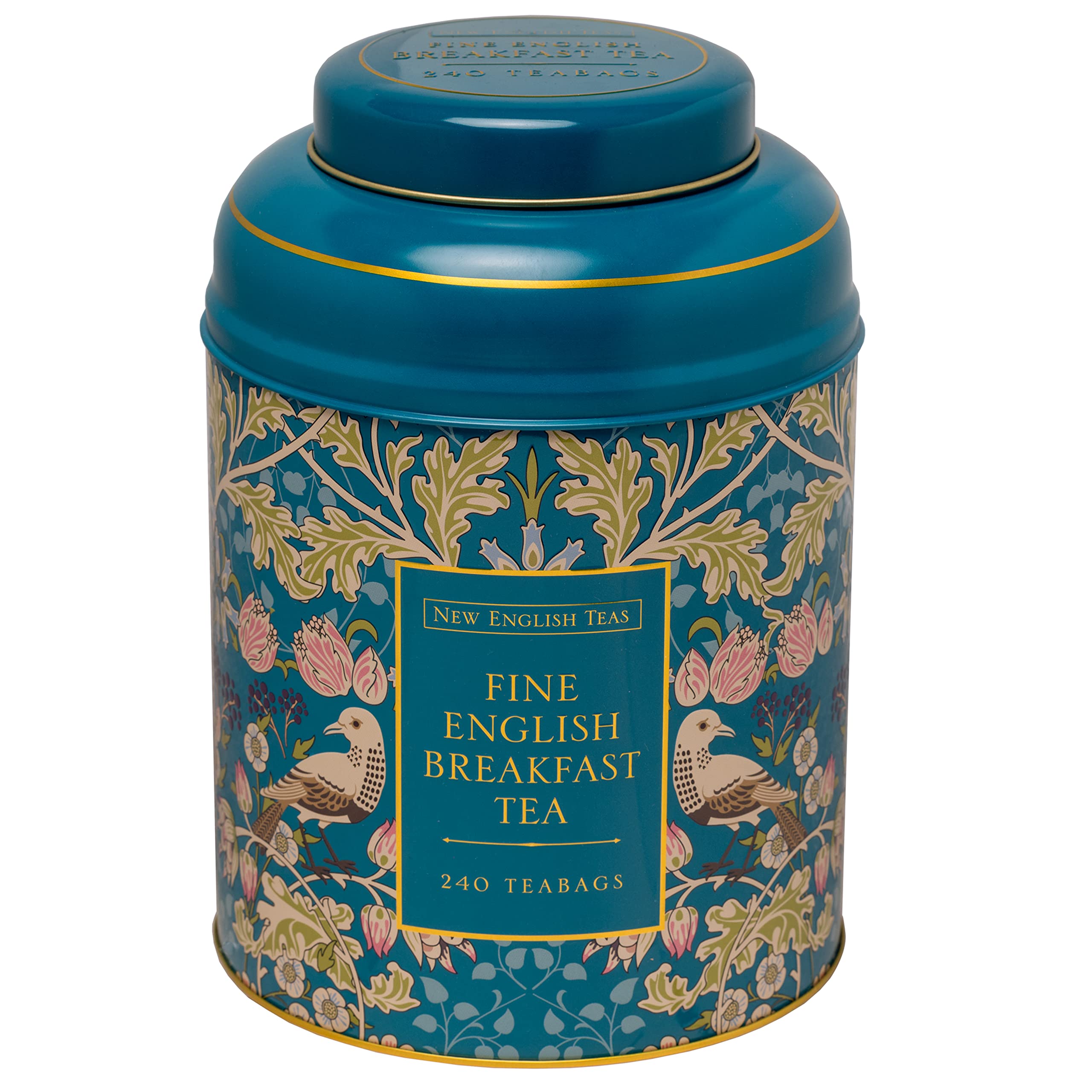 New English Teas Song Thrush & Berries Tea Caddy with 240 Breakfast Teabags, Teal, 240 Teabags