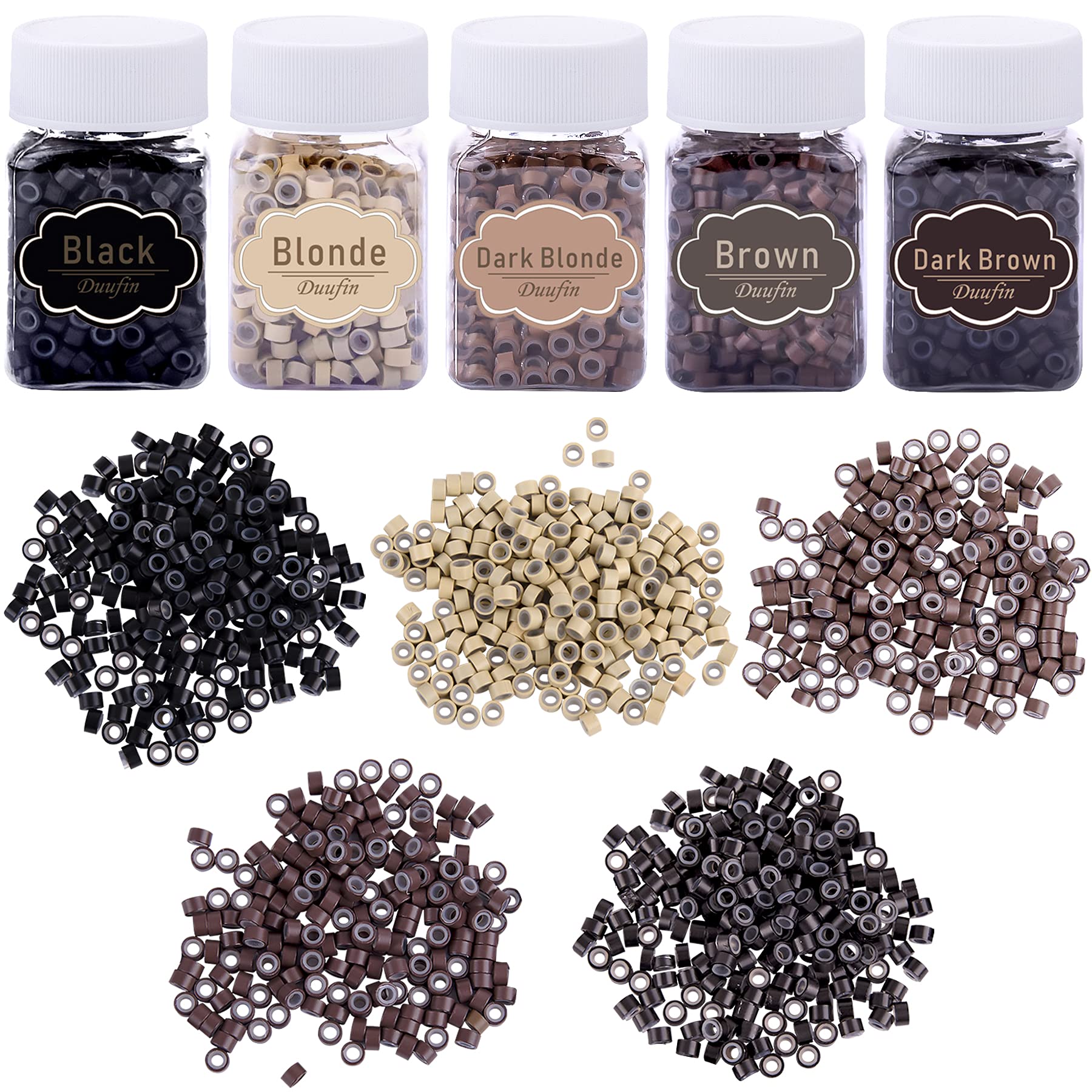 Duufin 2500 Pieces Hair Extensions Micro Links Rings Beads 5.0mm Silicone Lined Beads in 5 Colours for Women Men Hair Feather Extensions
