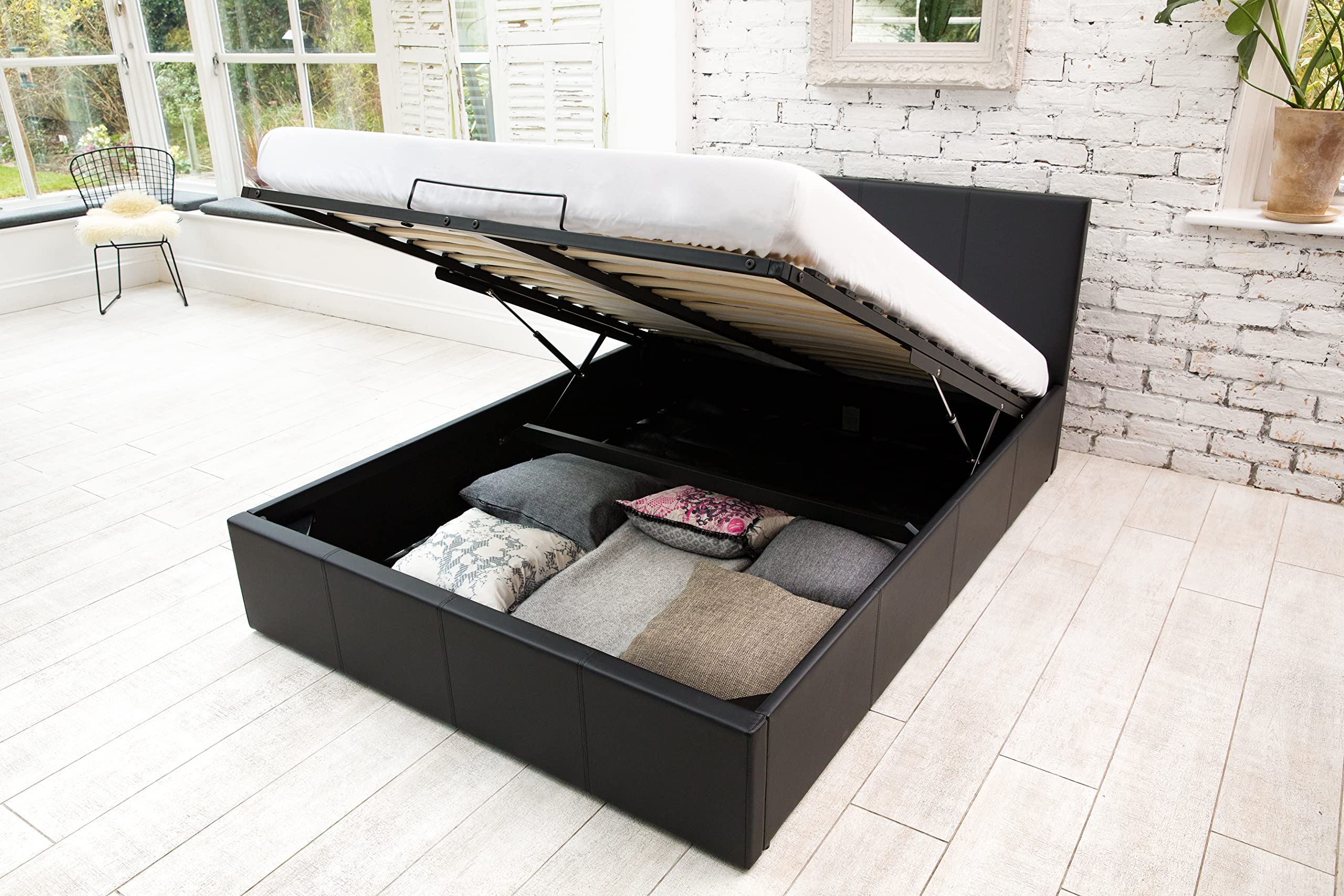 SANA SLEEP 3FT Single Size Modern Pia Ottoman Gas Lift Storage Faux Leather Bed - Black