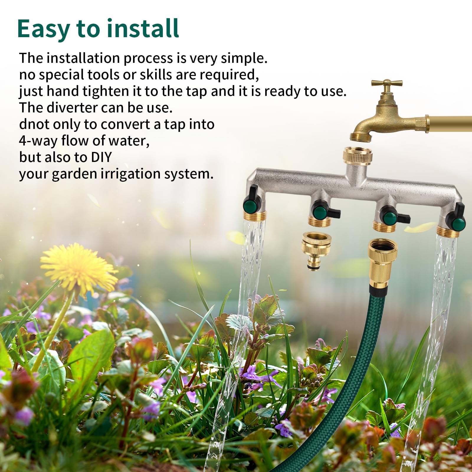 Tesmotor 4 Way Brass Tap Splitter, 3/4 Inch 4 Way Hose Tap Splitter with 4 Individual Valves for Garden Kitchen Faucet