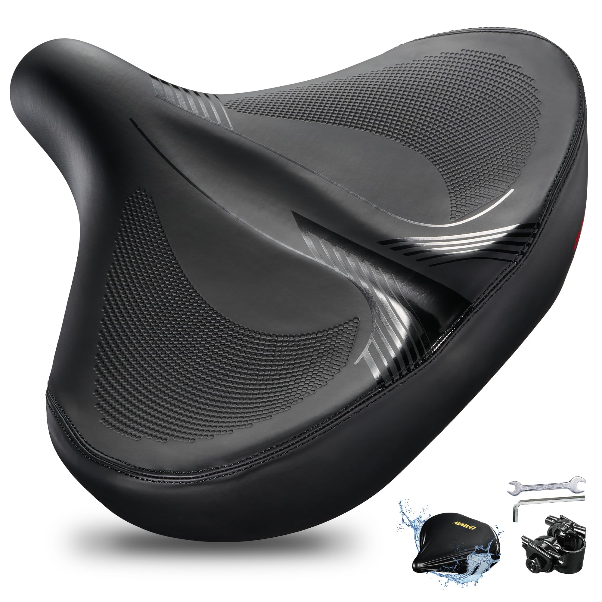 DAWAY W60 Extra Wide Bike Seat - Ultra Comfortable Memory Foam Saddle for Outdoor Indoor Rides, Ergonomic, with Shock Absorbers, Universal Fit for