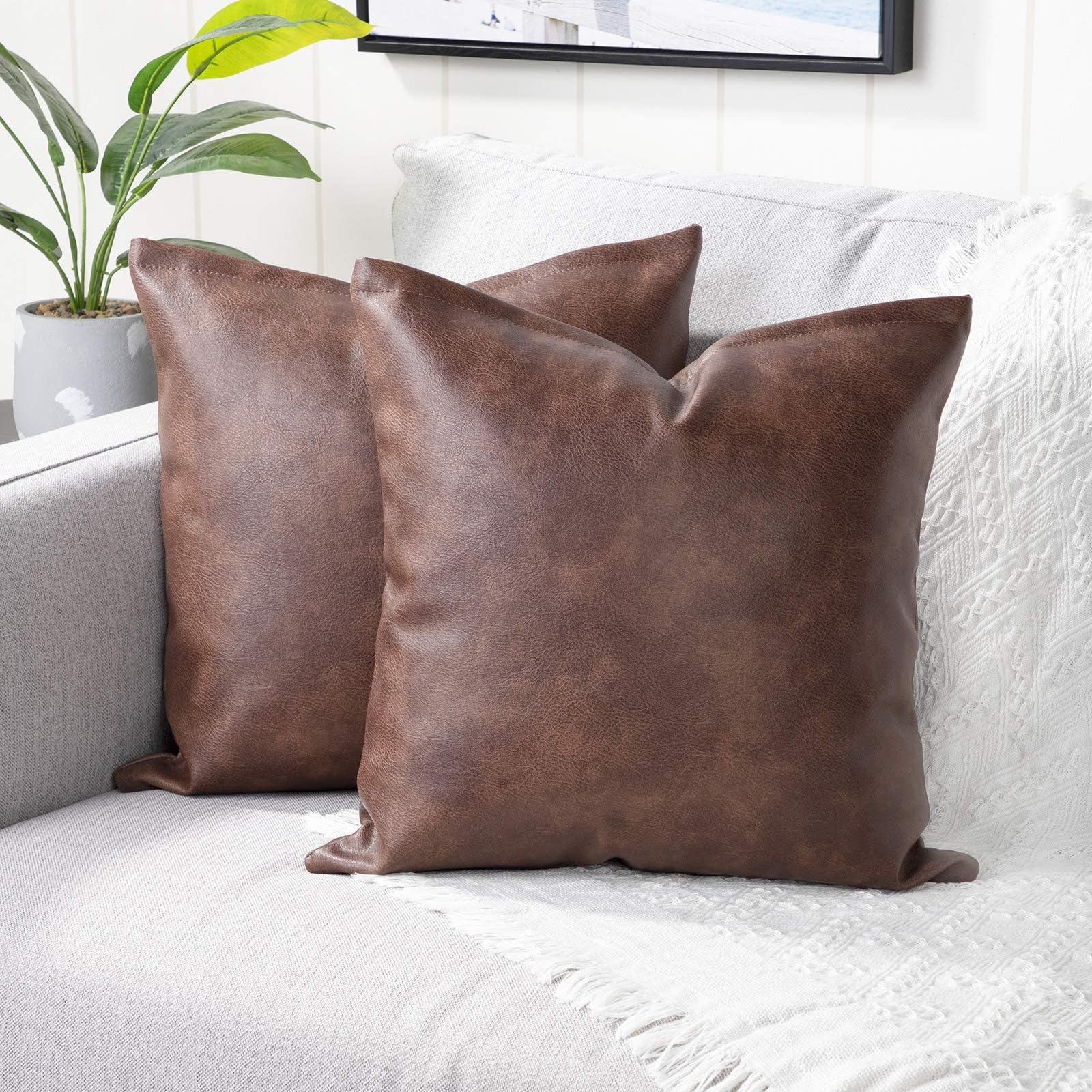 YAERTUN Set of 2 Faux Leather Decorative Throw Pillow Covers Modern Solid Outdoor Cushion Covers Cases Luxury Pillowcases for Couch Sofa Bed 24x24