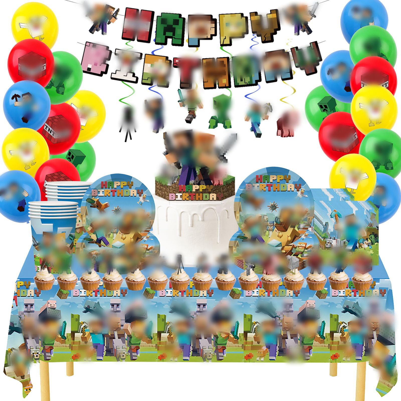 Boys Birthday Party Decorations Party Tableware Set for Kids Minecraft Party Decorations Boys Minecraft Birthday Decorations with Banner Balloons