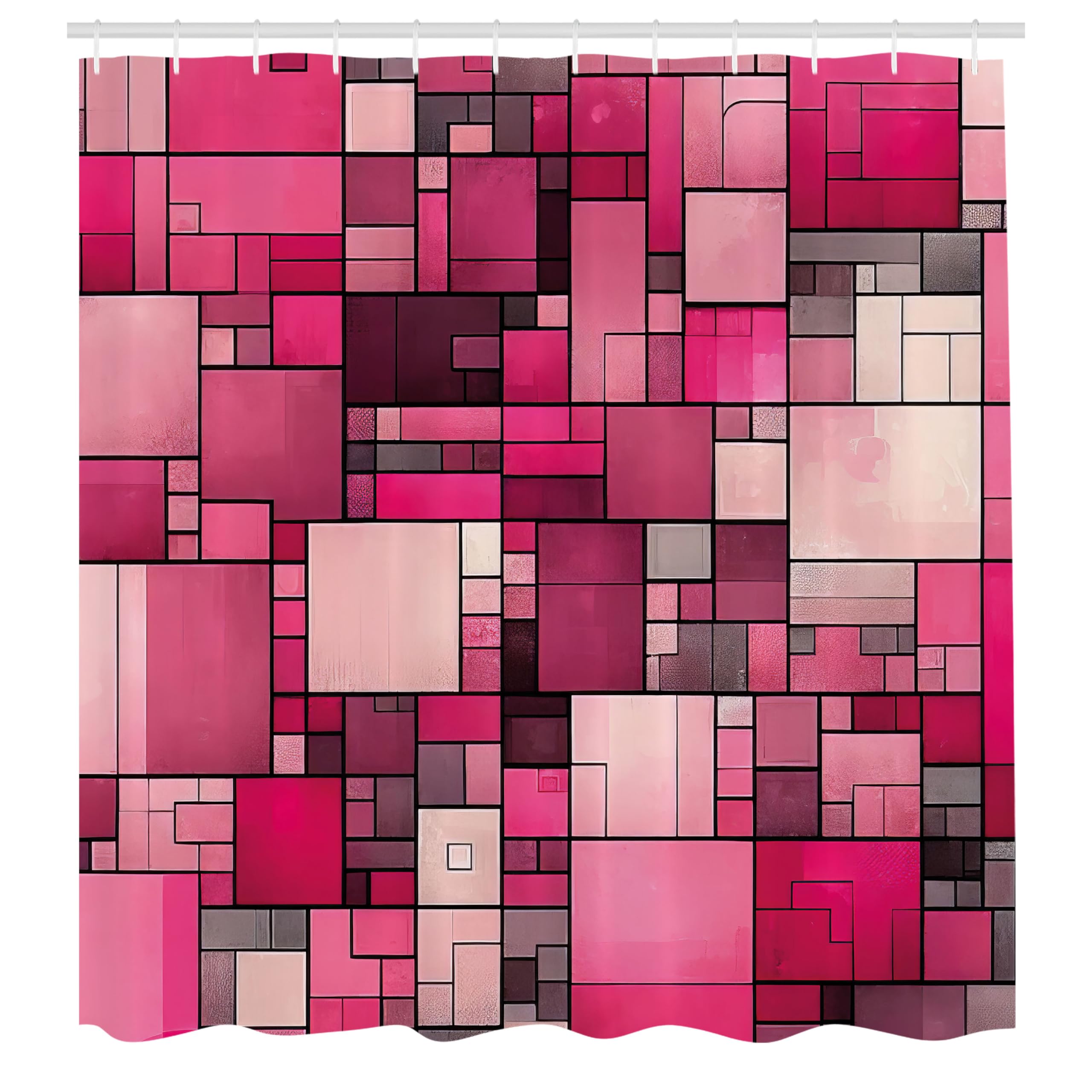 ABAKUHAUS Pink Shower Curtain, Blushy Y2K Squares Futurist, Cloth Fabric Bathroom Decor Set with Hooks, 175 x 200 cm, Magenta Dried Rose Pink