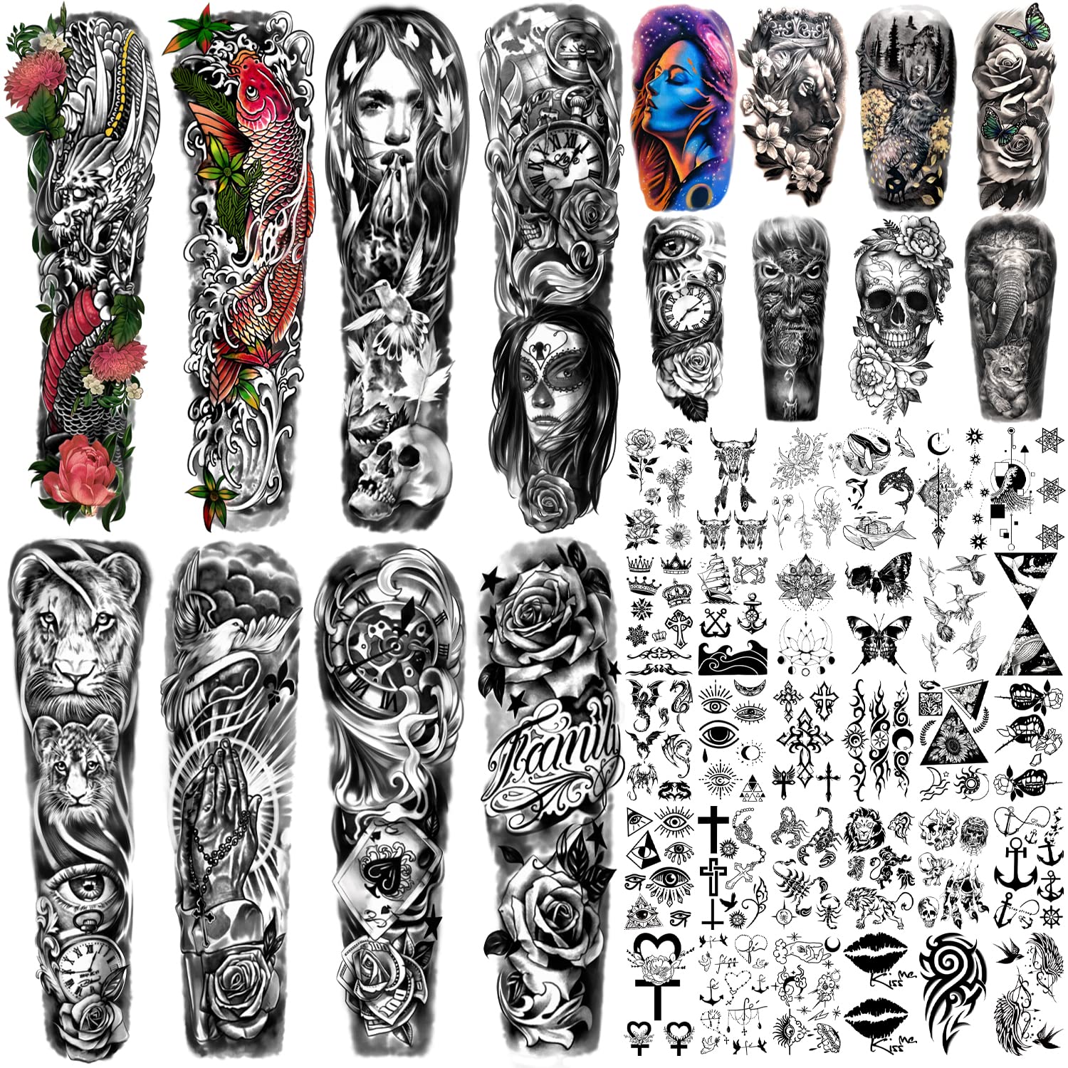 Metuu 46 Sheets Large Size Full Arm Temporary Tattoos For Men and women, Lion Dragon Clock Flower Skeleton Shoulder Forearm Temp Waterproof Tattoo
