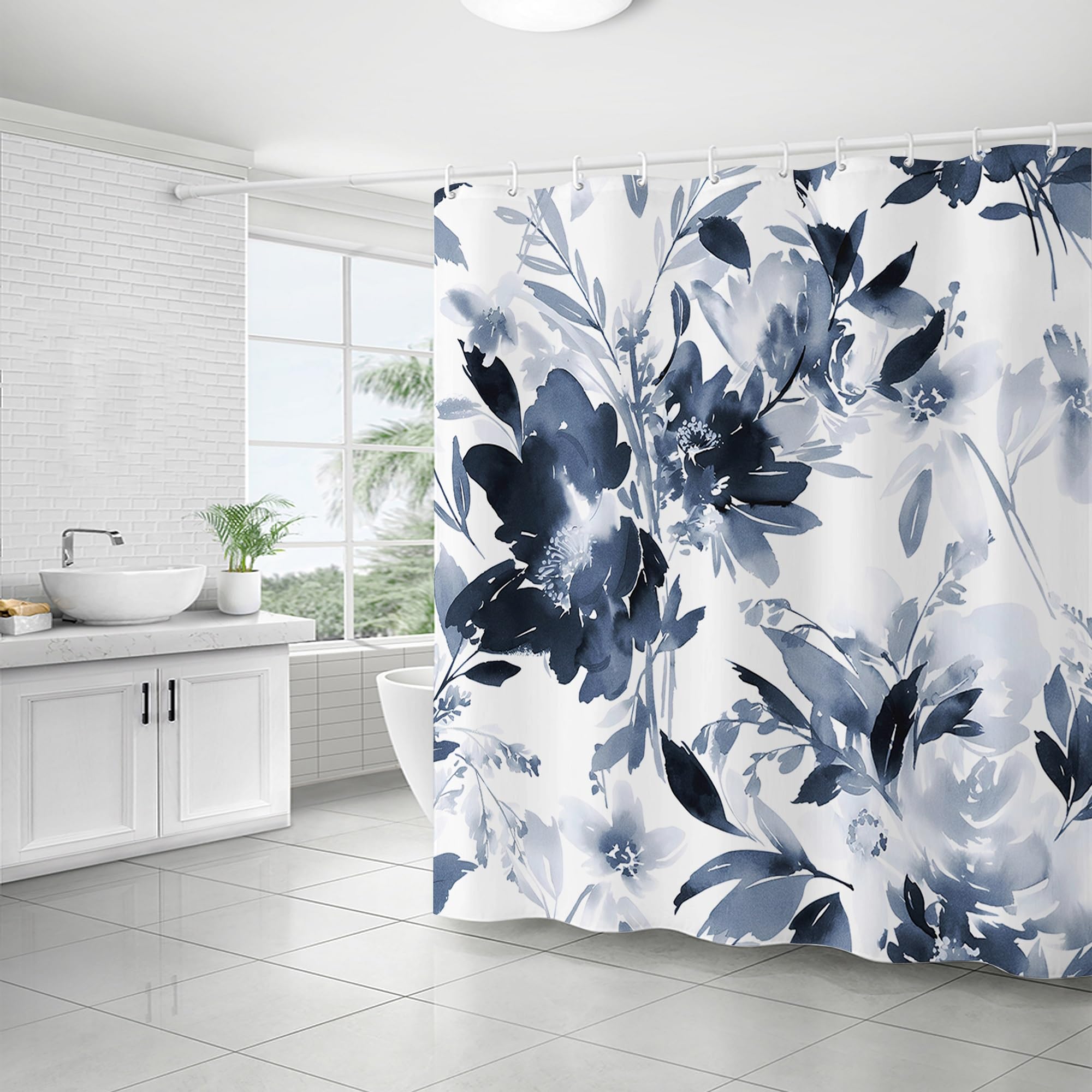 WELTRXE Shower Curtain Mould Proof Mildew Resistant, 183X183cm, Water Reisistant Polyester Fabric Shower Curtain with 12 Hooks, Weighted Hem, Navy