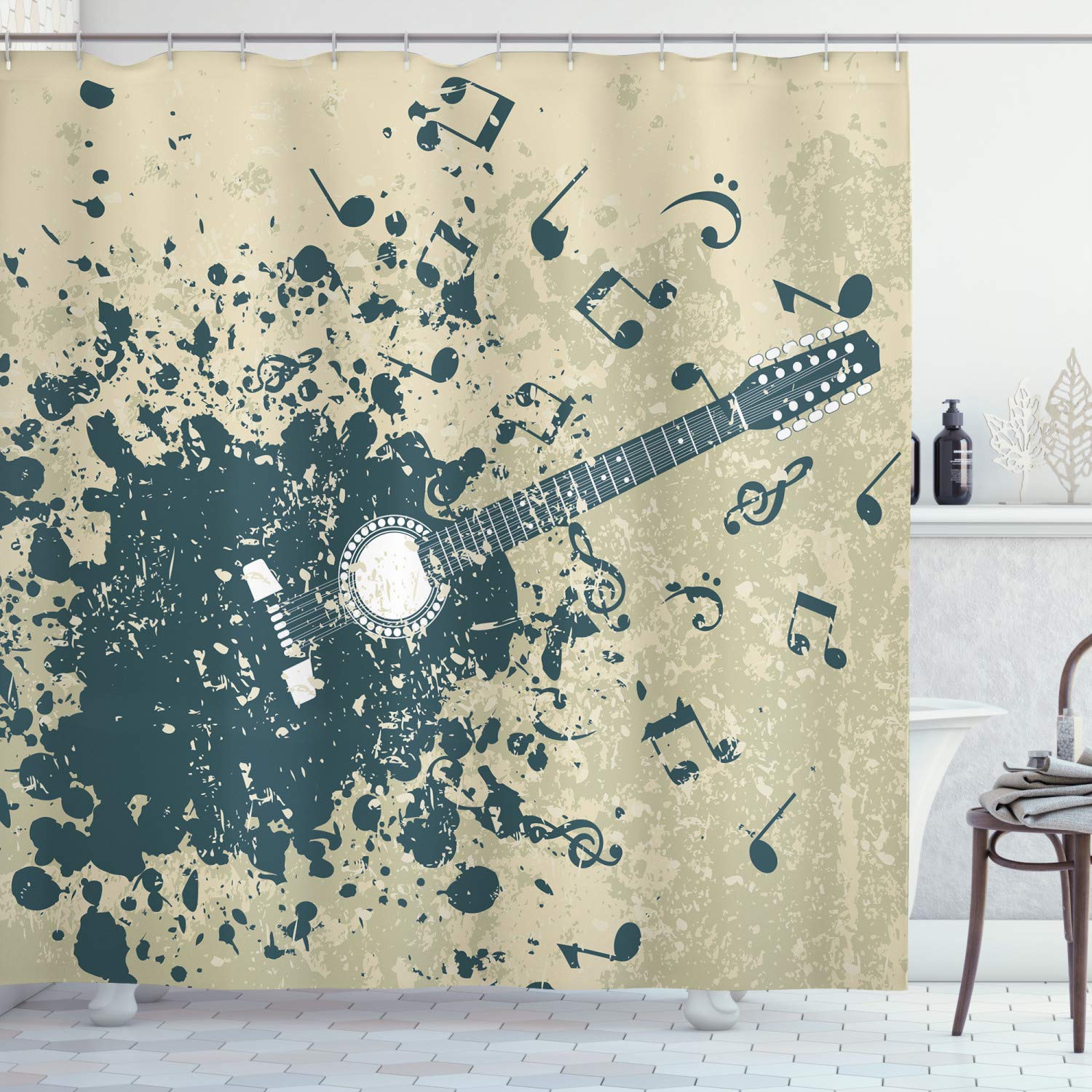 ABAKUHAUS Modern Shower Curtain, Acoustic Guitar on Retro Murky Background Music Notes Melody Illustration, Cloth Fabric Bathroom Decor Set with