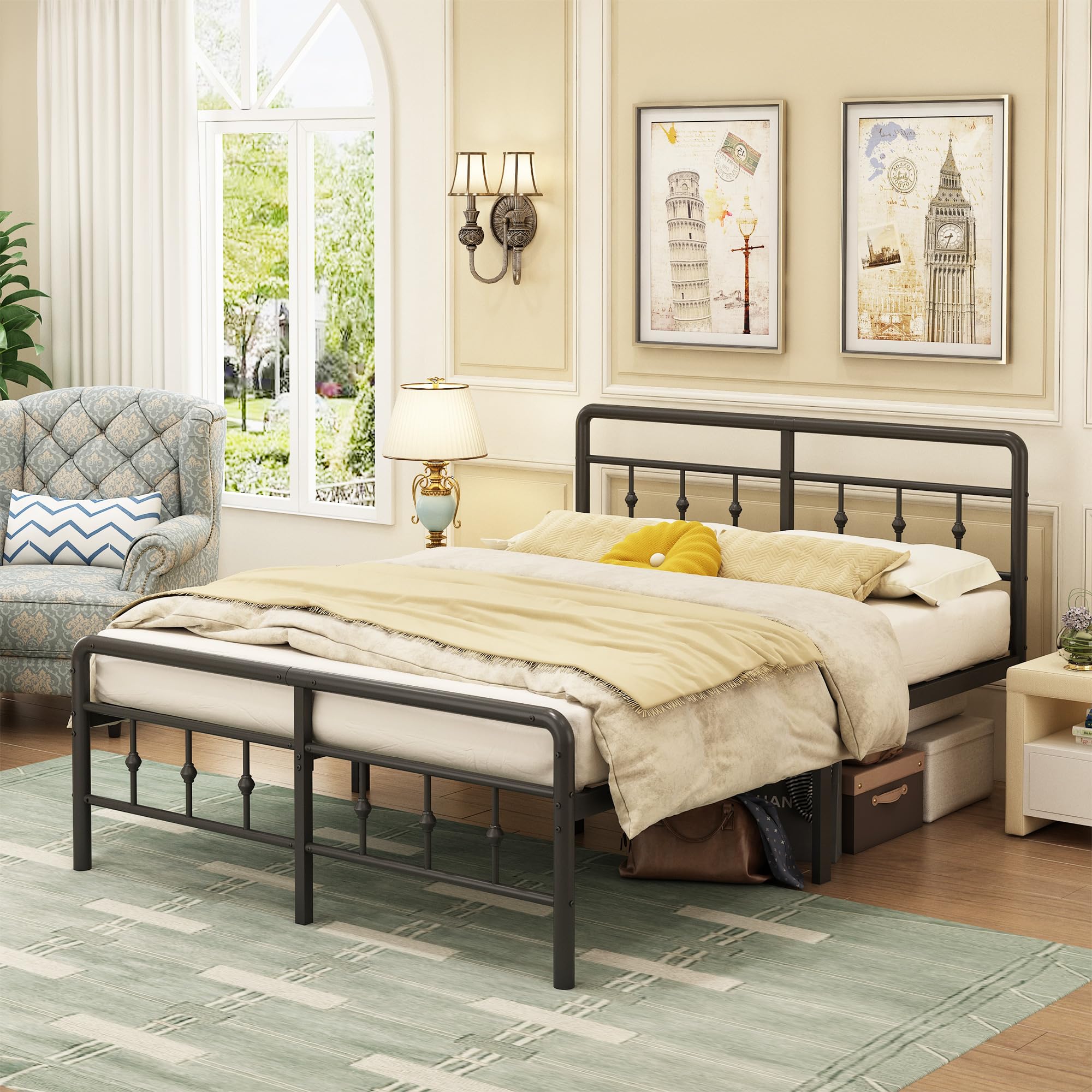 EMODA King Size Bed Frame 5ft with Headboard and Footboard, Metal Bed Frame 46 cm High with Steel Slats Support, Noise Free, Easy Assembly, Black