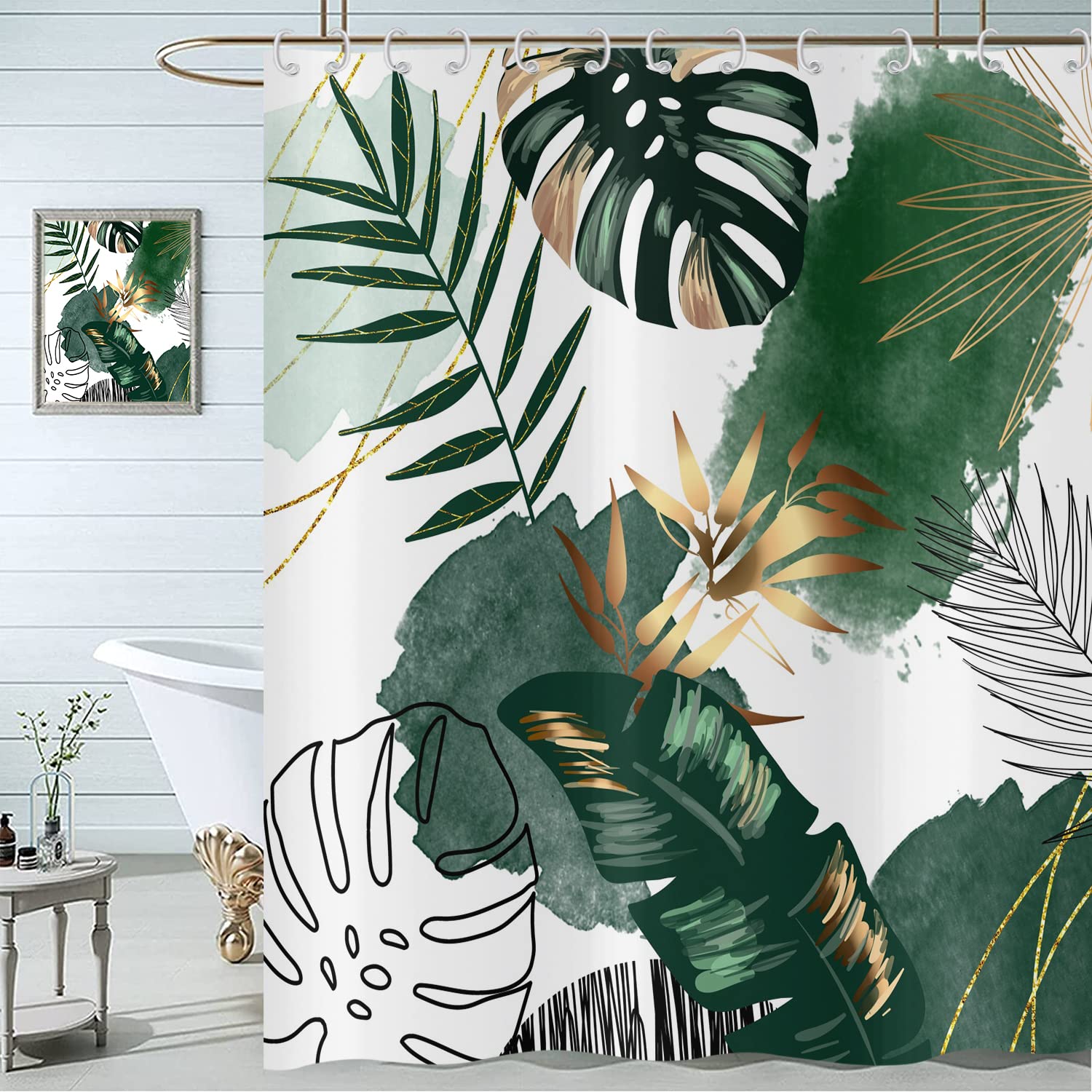 Boho Shower Curtain 180x180, Hnmdmyi Abstract Green Tropical Leaves Bathroom Curtains Mid Century Modern Geometric Minimalist Aesthetic Art Waterproof